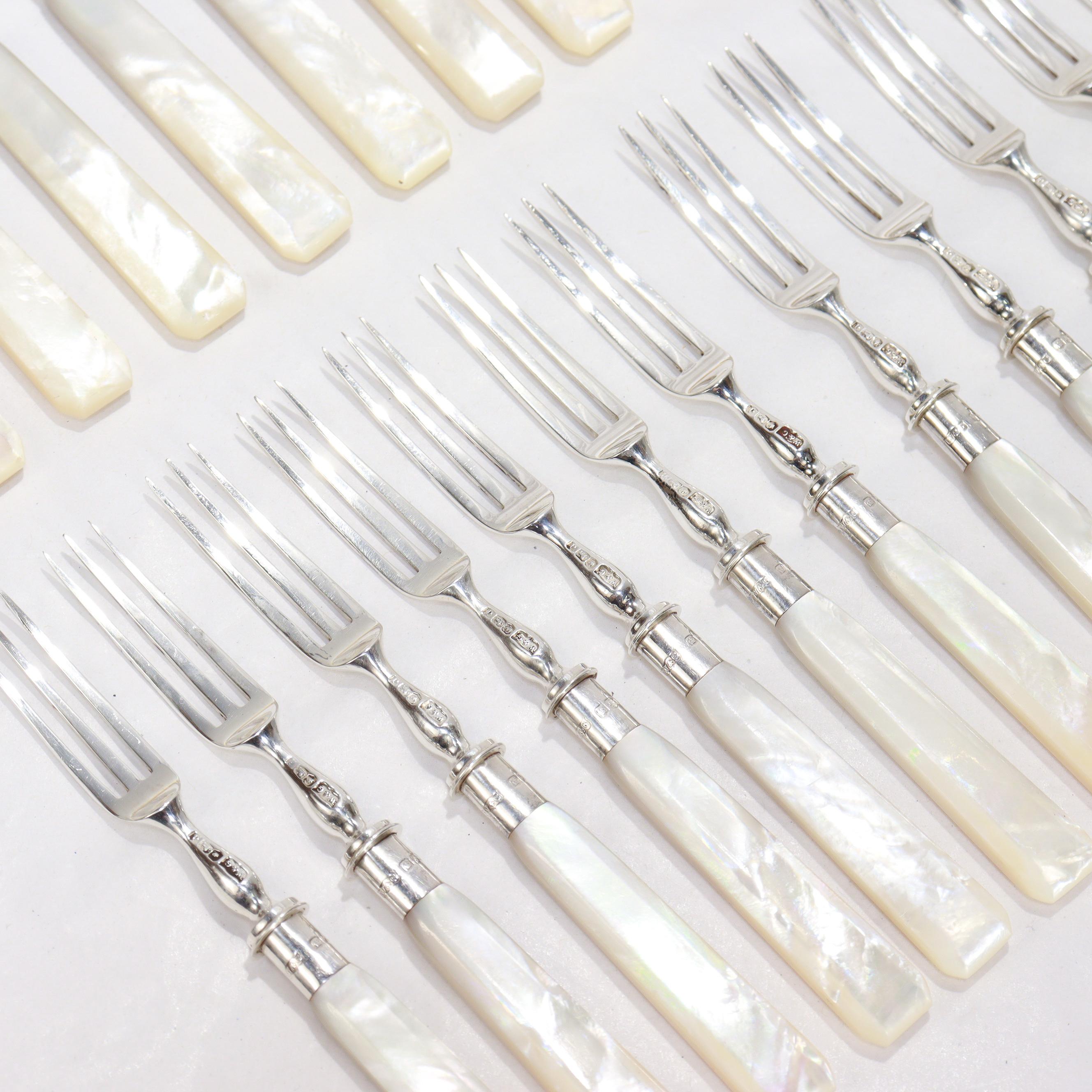Antique English Sterling Silver & Mother-of-Pearl Cased 24-Piece Dessert Service In Good Condition For Sale In Philadelphia, PA