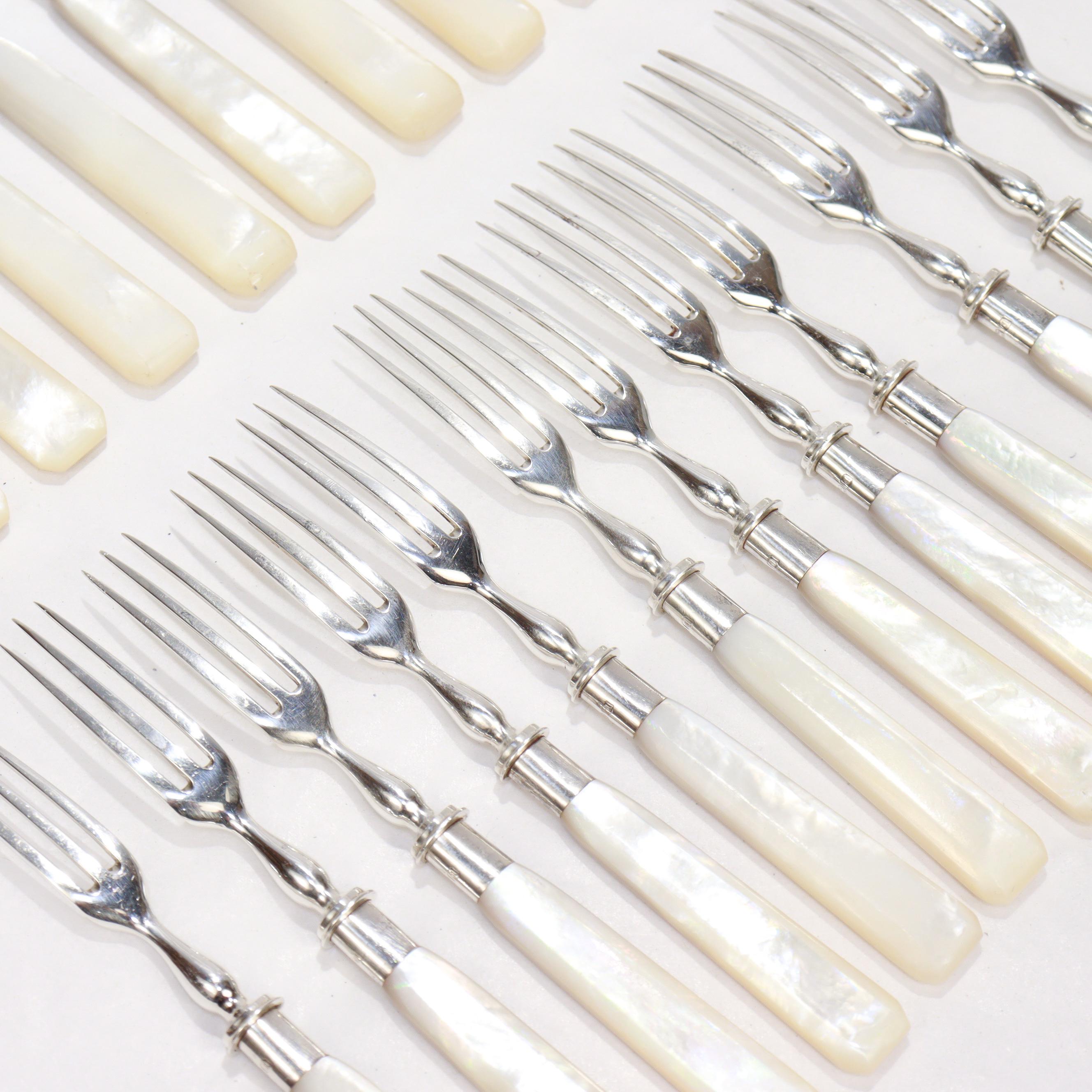 Early 20th Century Antique English Sterling Silver & Mother-of-Pearl Cased 24-Piece Dessert Service For Sale