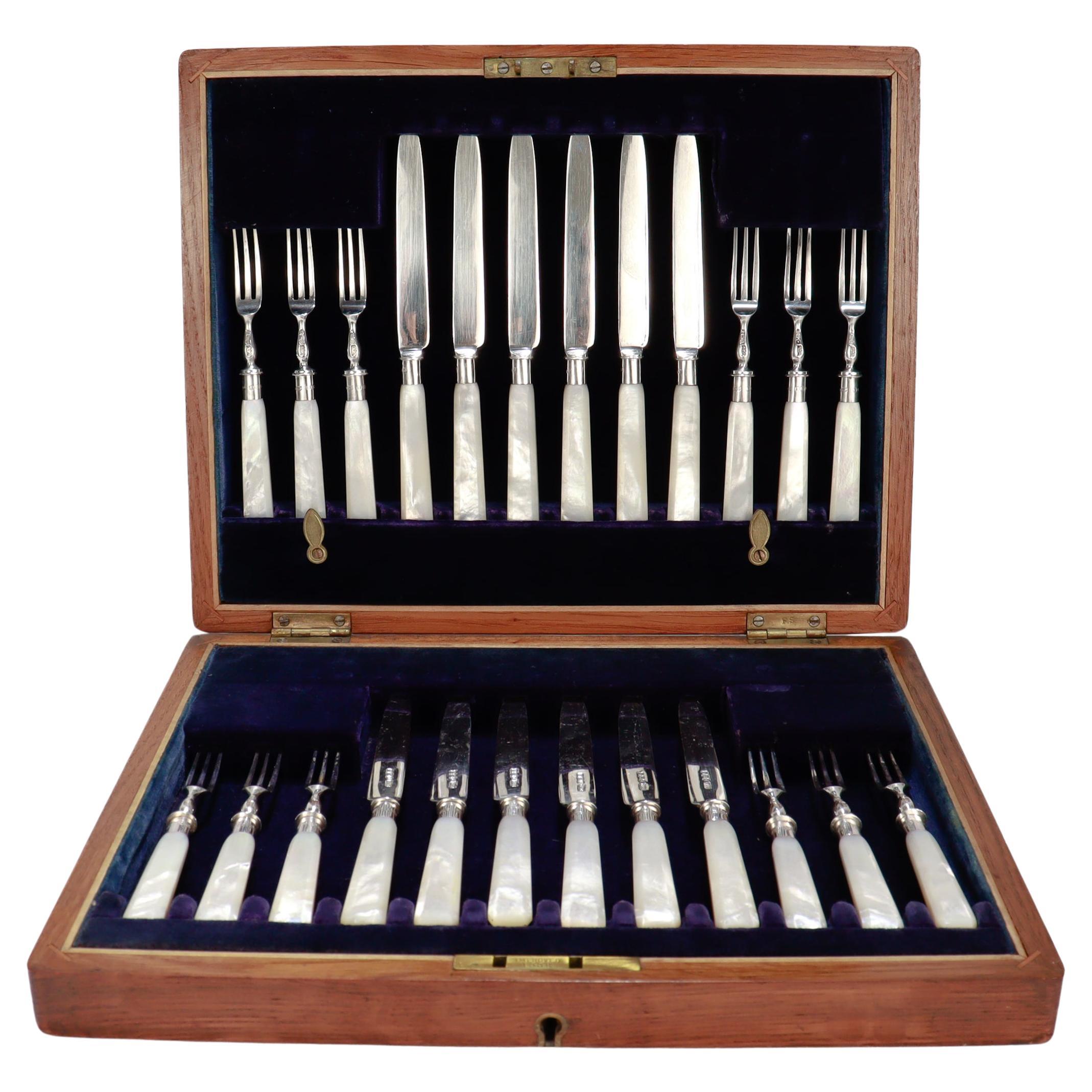 Antique English Sterling Silver & Mother-of-Pearl Cased 24-Piece Dessert Service