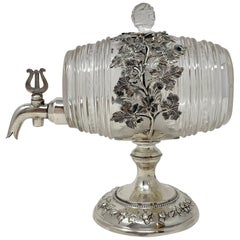 Antique English Sterling Silver Mounted Crystal Whiskey Barrel Decanter Ca. 1900
