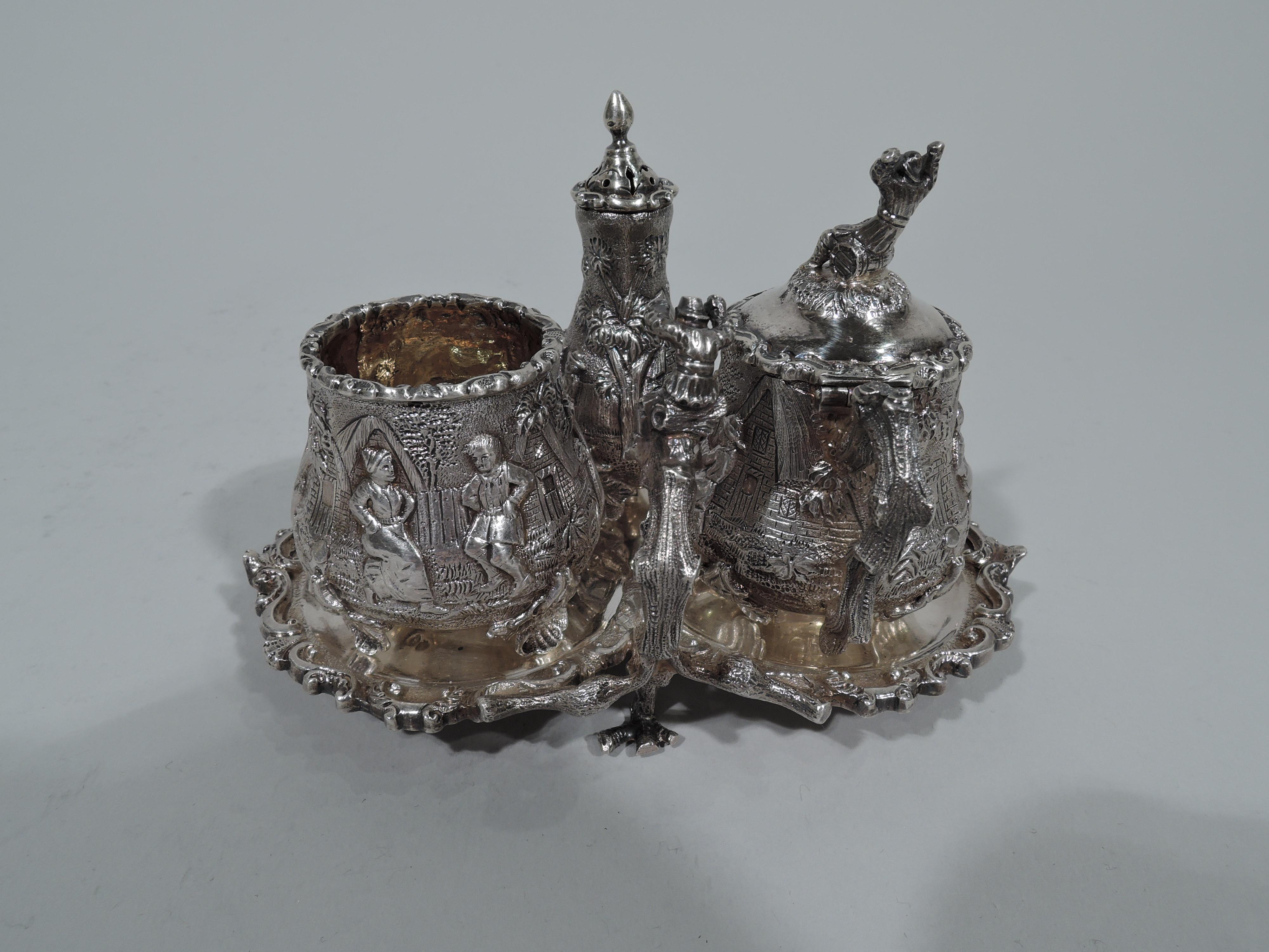 Victorian Antique English Sterling Silver Pastoral Condiment Set by George Fox