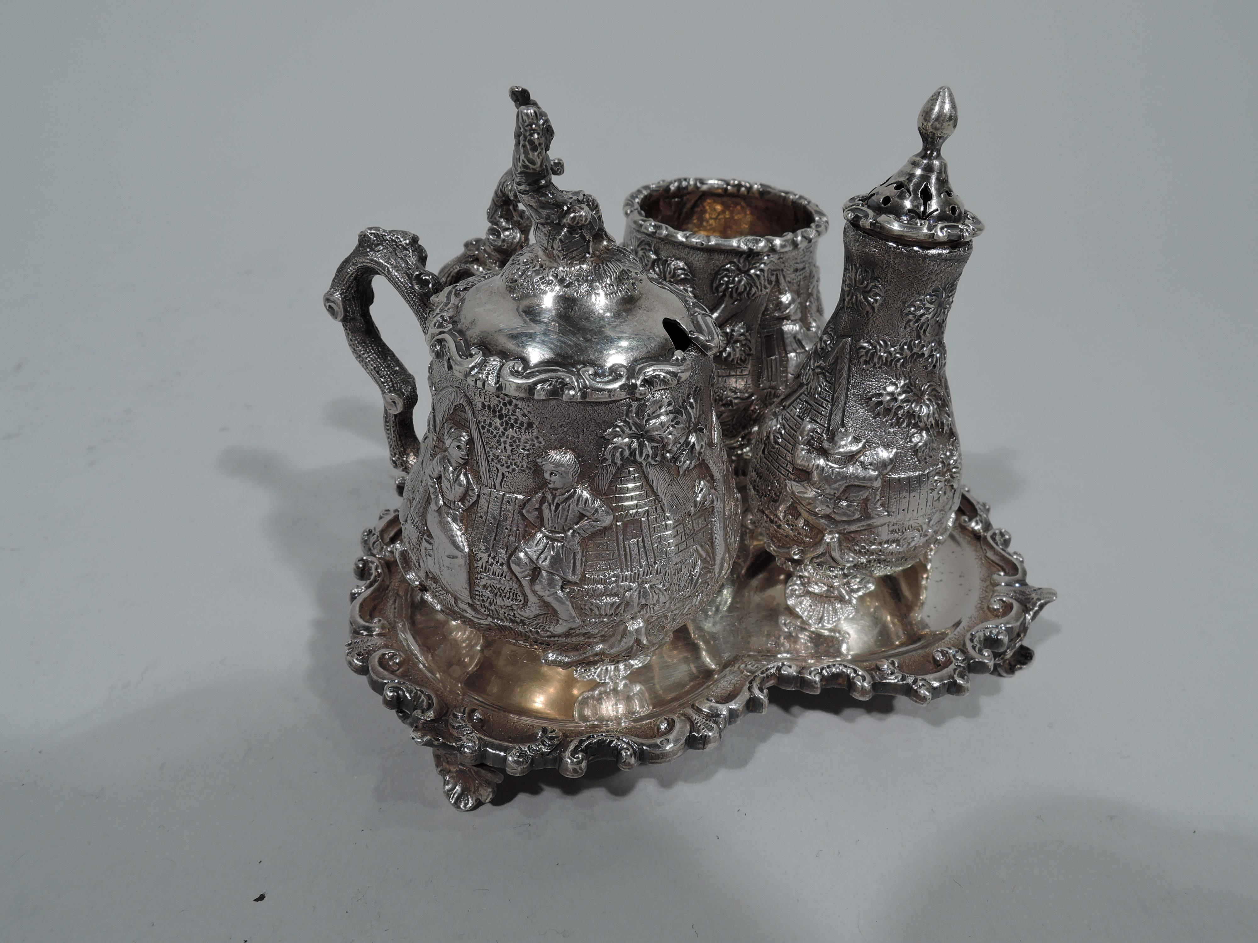 Antique English Sterling Silver Pastoral Condiment Set by George Fox In Excellent Condition In New York, NY