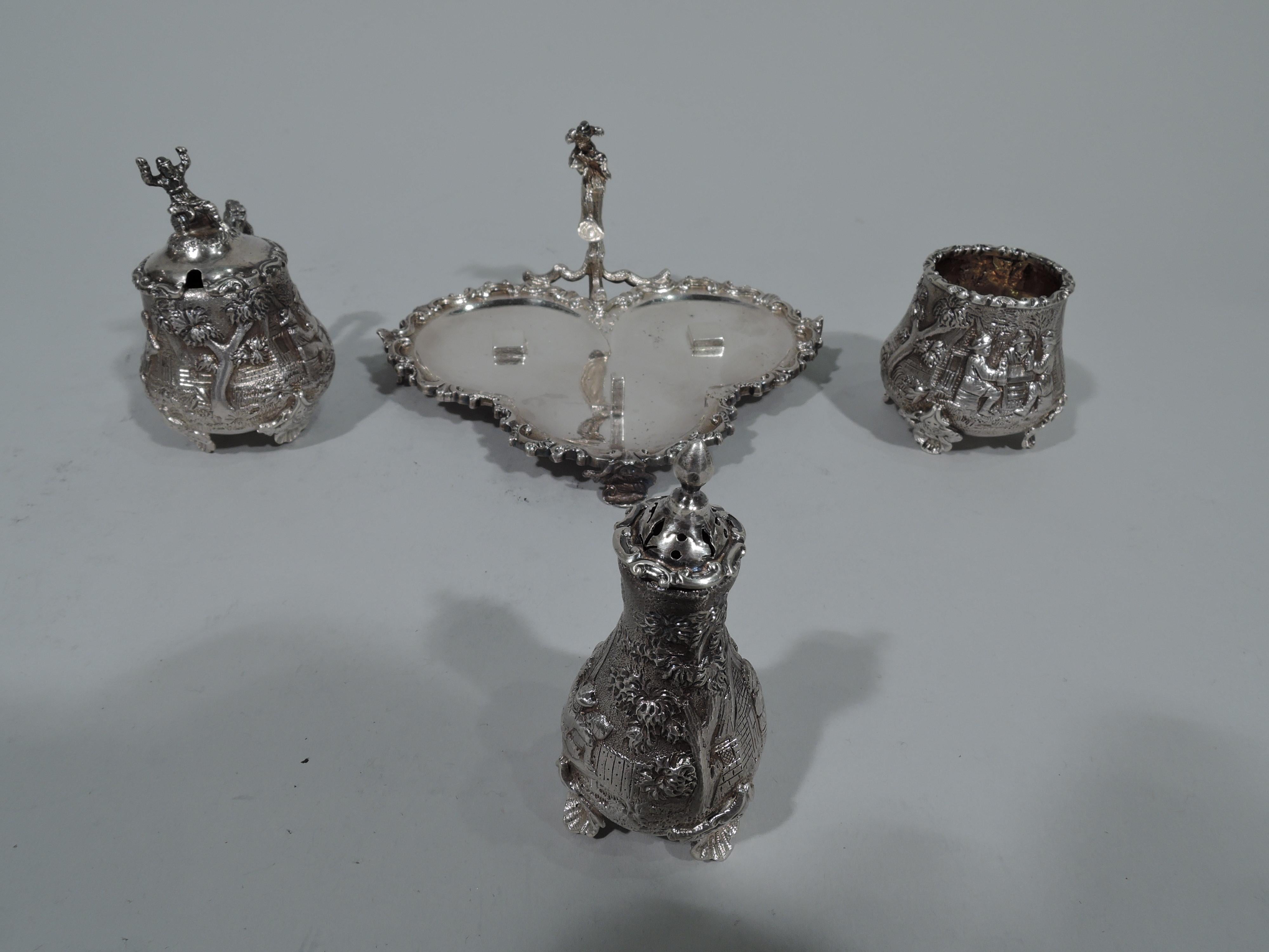 Late 19th Century Antique English Sterling Silver Pastoral Condiment Set by George Fox