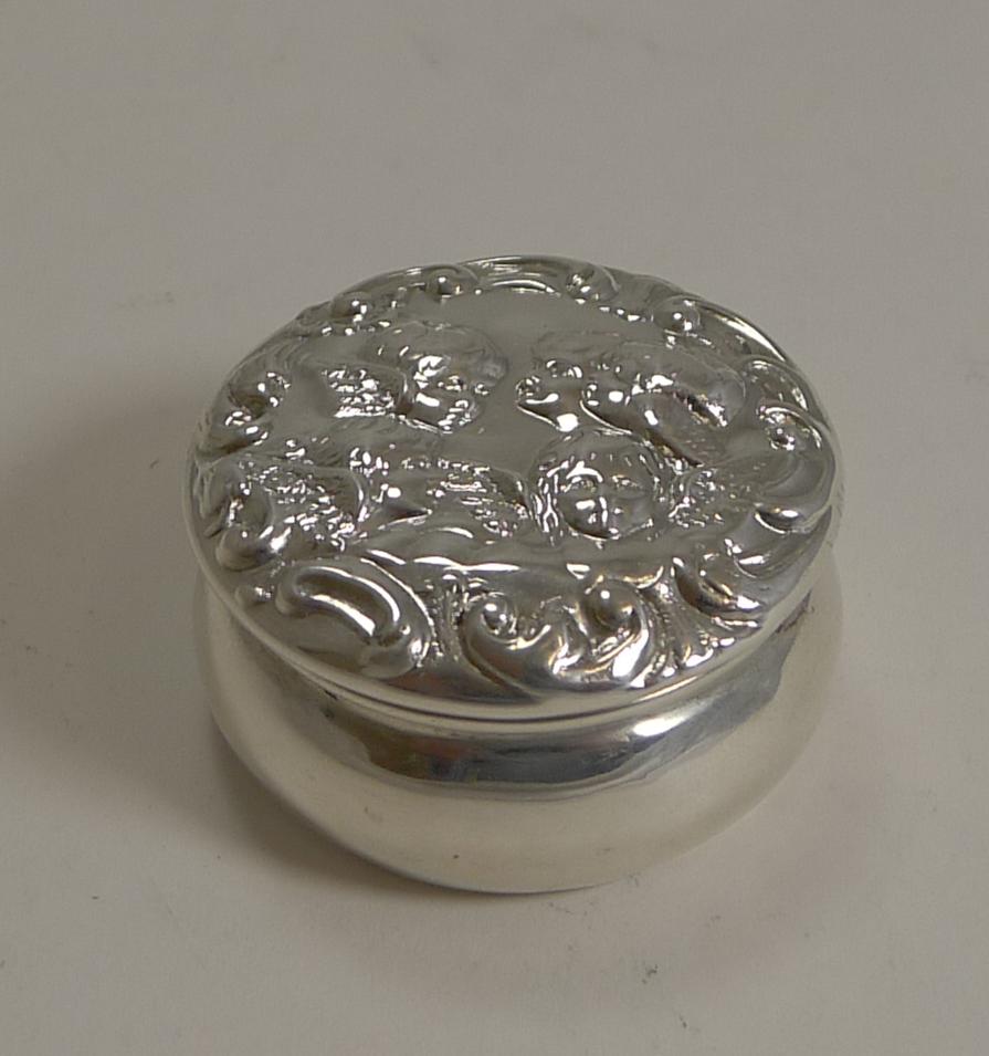 Edwardian Antique English Sterling Silver Pill Box - Cherubs / Angels
