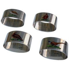 Antique English Sterling Silver - Set of 4 enamel Game Bird Napkin Rings Chester