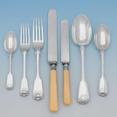 Antique English Sterling Silver Set of Cutlery / Flatware Fiddle Thread & Shell