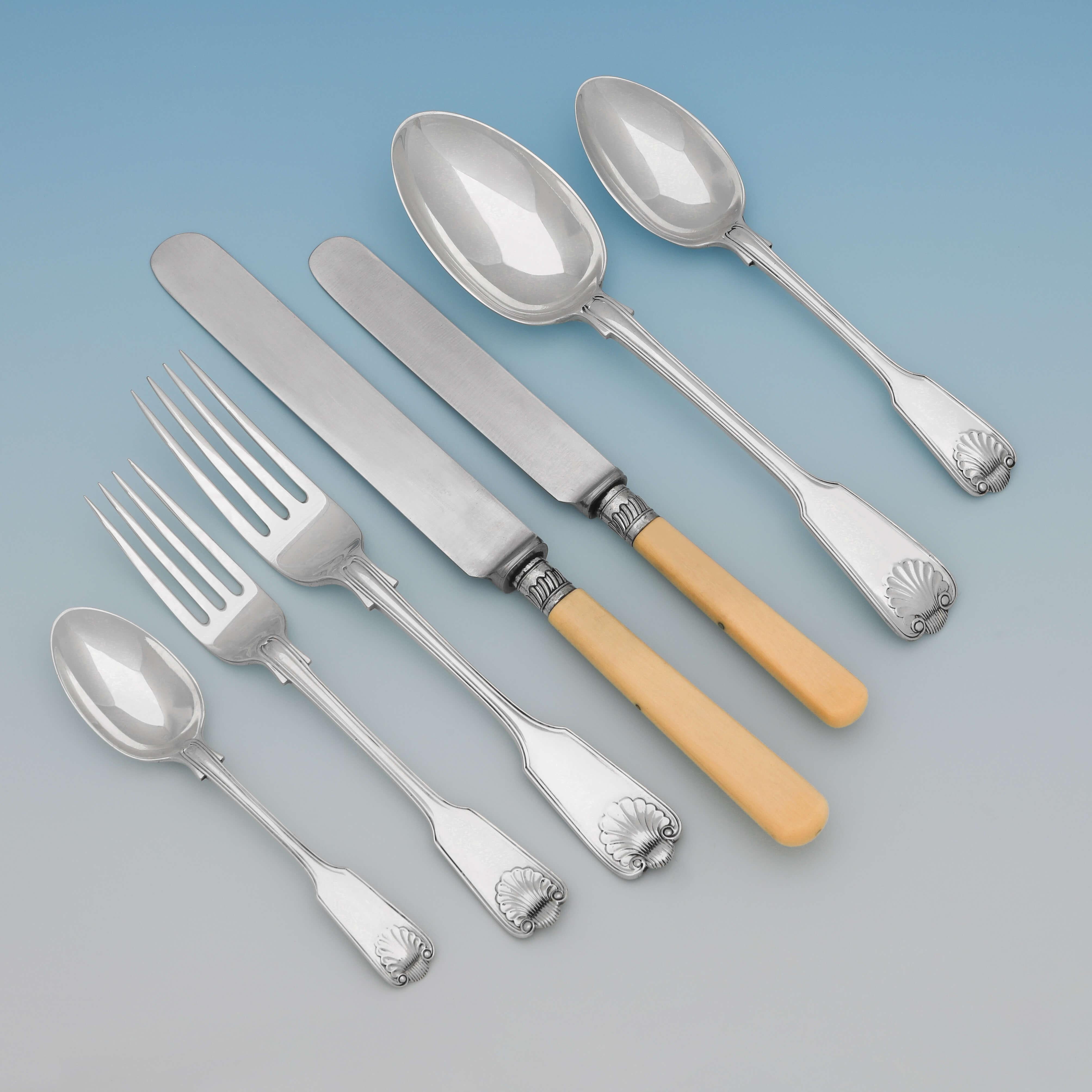 Victorian Antique English Sterling Silver Set of Cutlery / Flatware Fiddle Thread & Shell