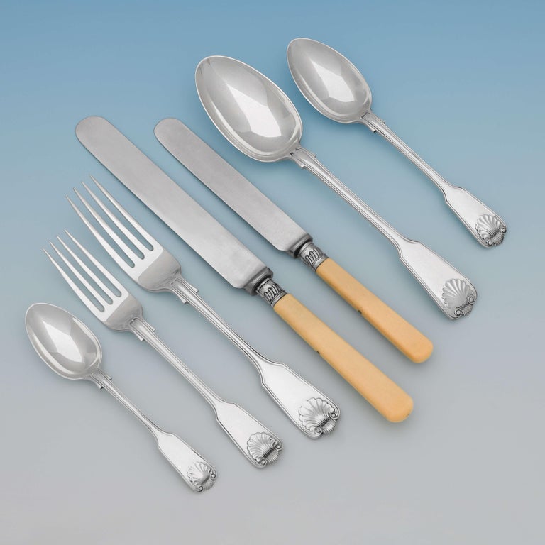 Victorian Antique English Sterling Silver Set of Cutlery / Flatware Fiddle Thread & Shell  For Sale
