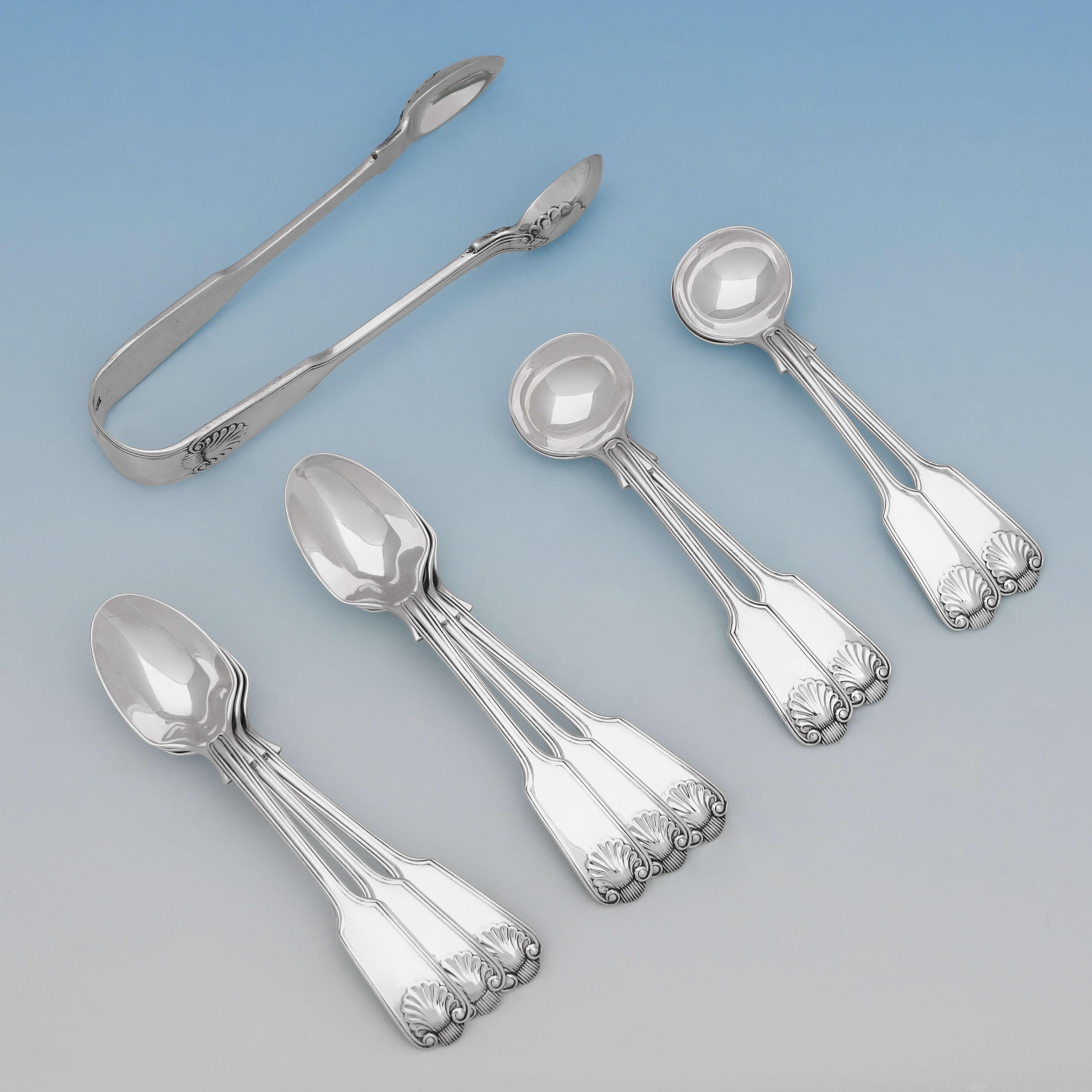 Late 19th Century Antique English Sterling Silver Set of Cutlery / Flatware Fiddle Thread & Shell
