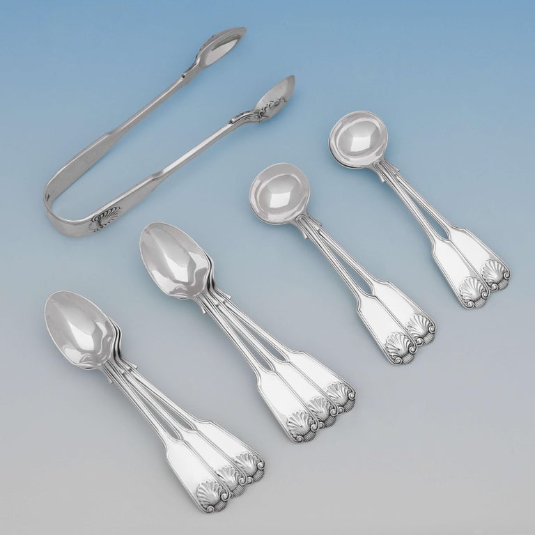 Late 19th Century Antique English Sterling Silver Set of Cutlery / Flatware Fiddle Thread & Shell  For Sale
