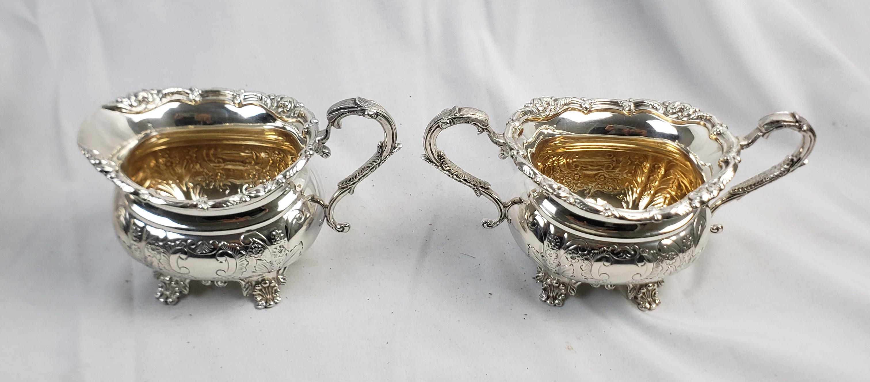 Antique English Sterling Silver Tea Set on Huge Silver Plated Serving Tray For Sale 1