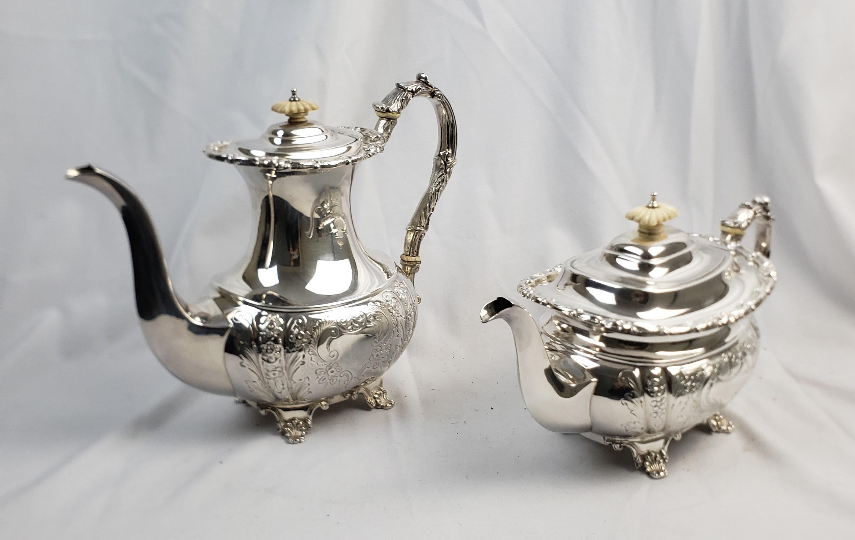 Machine-Made Antique English Sterling Silver Tea Set on Huge Silver Plated Serving Tray For Sale