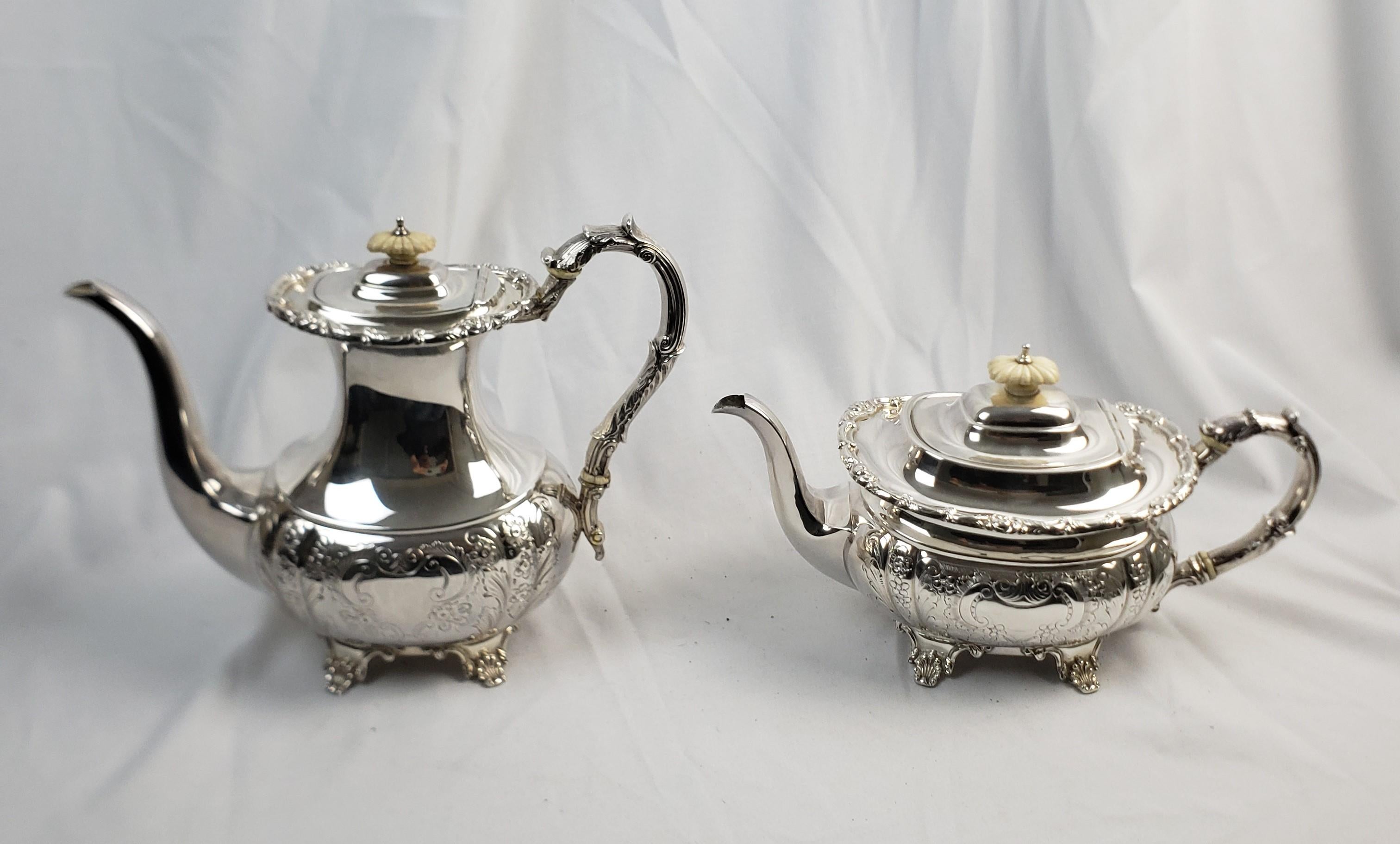 Antique English Sterling Silver Tea Set on Huge Silver Plated Serving Tray In Good Condition For Sale In Hamilton, Ontario