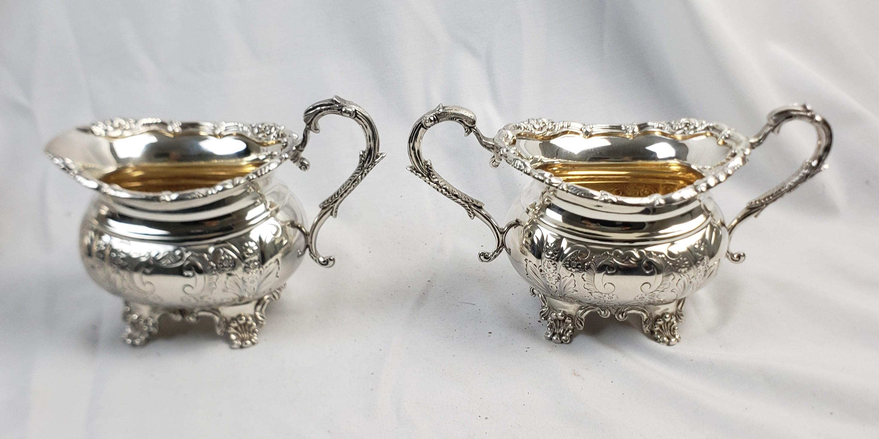 19th Century Antique English Sterling Silver Tea Set on Huge Silver Plated Serving Tray For Sale