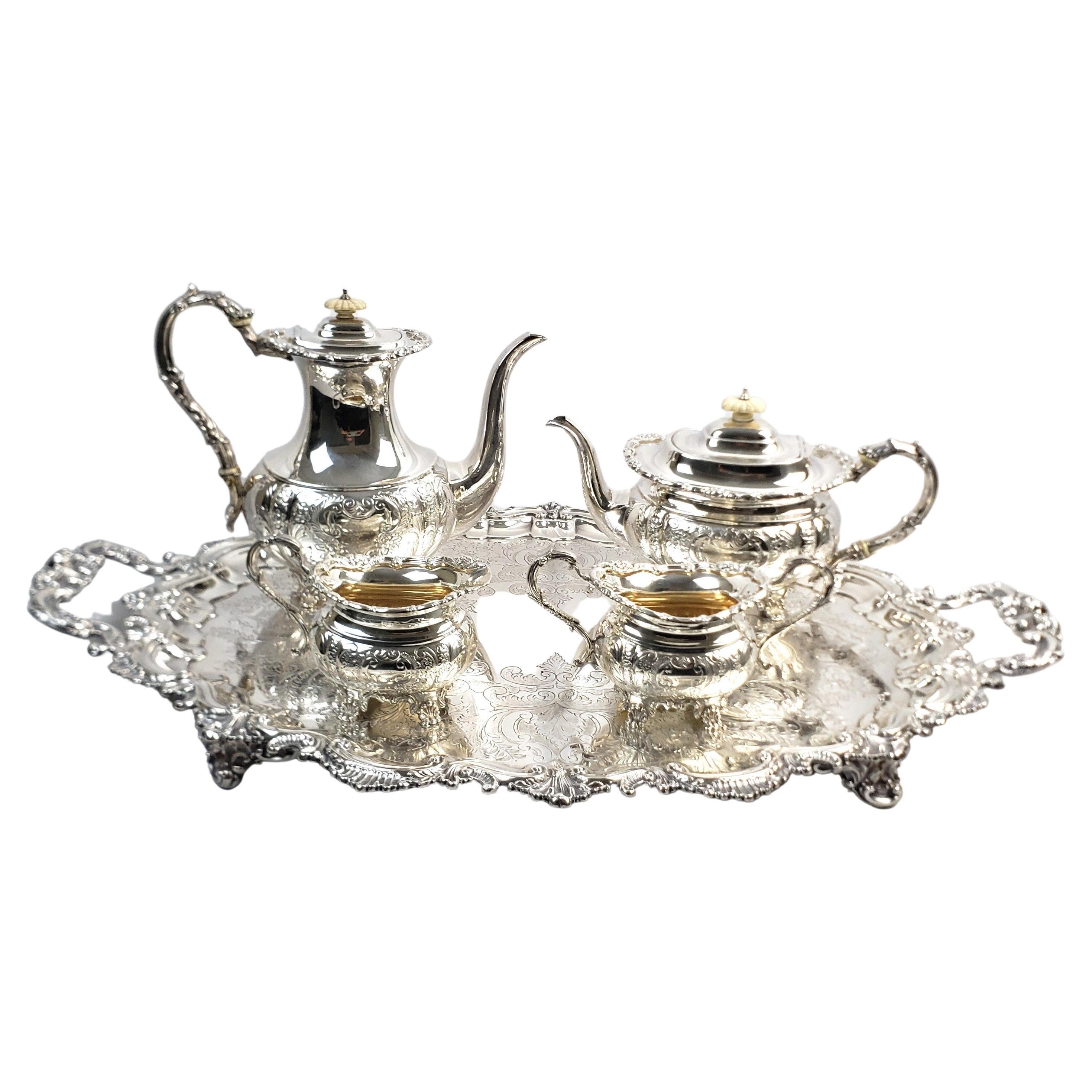 Antique English Sterling Silver Tea Set on Huge Silver Plated Serving Tray For Sale