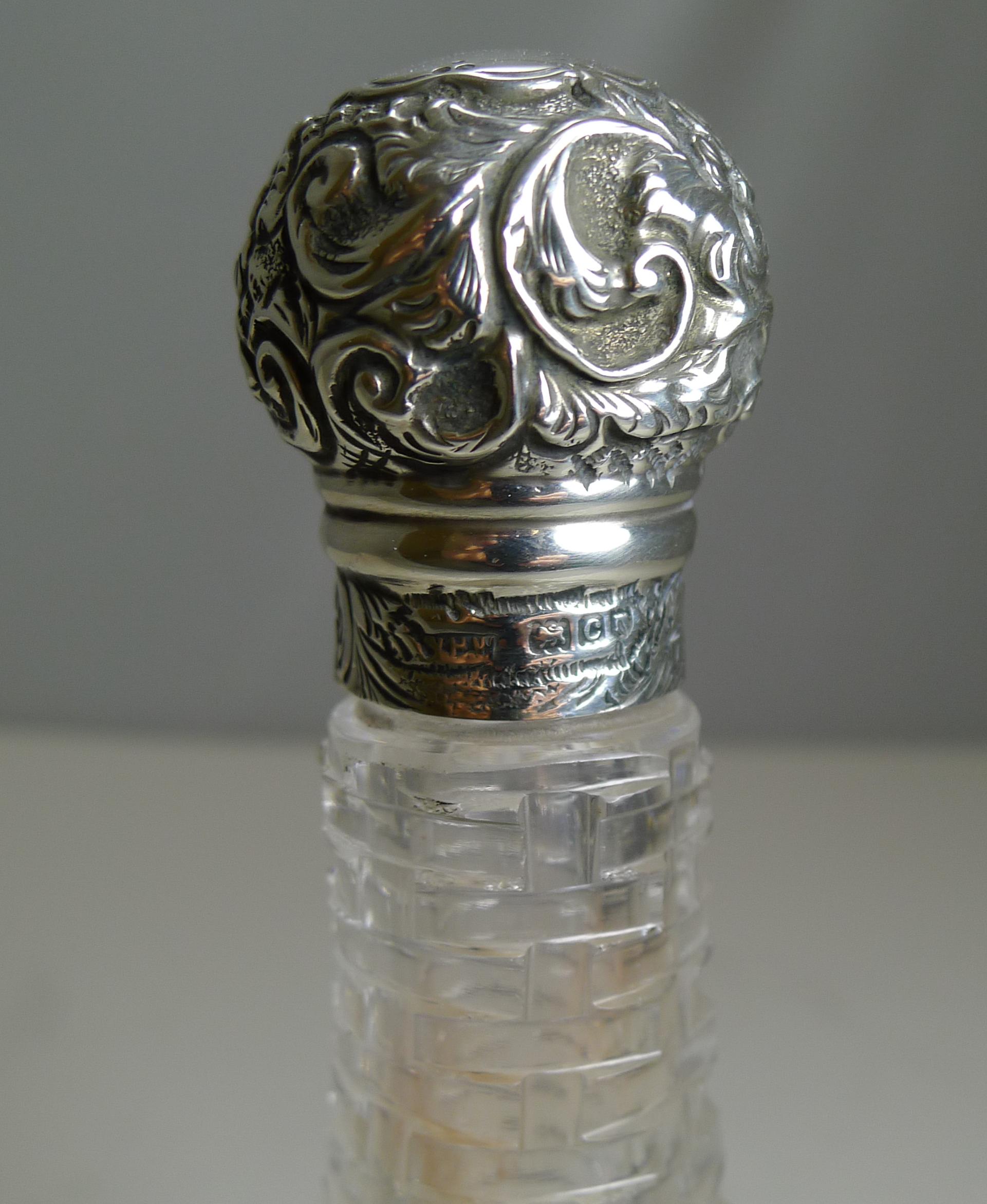 Late 19th Century Antique English Sterling Silver Topped Miniature Champagne / Liquor Bottle, 1898 For Sale