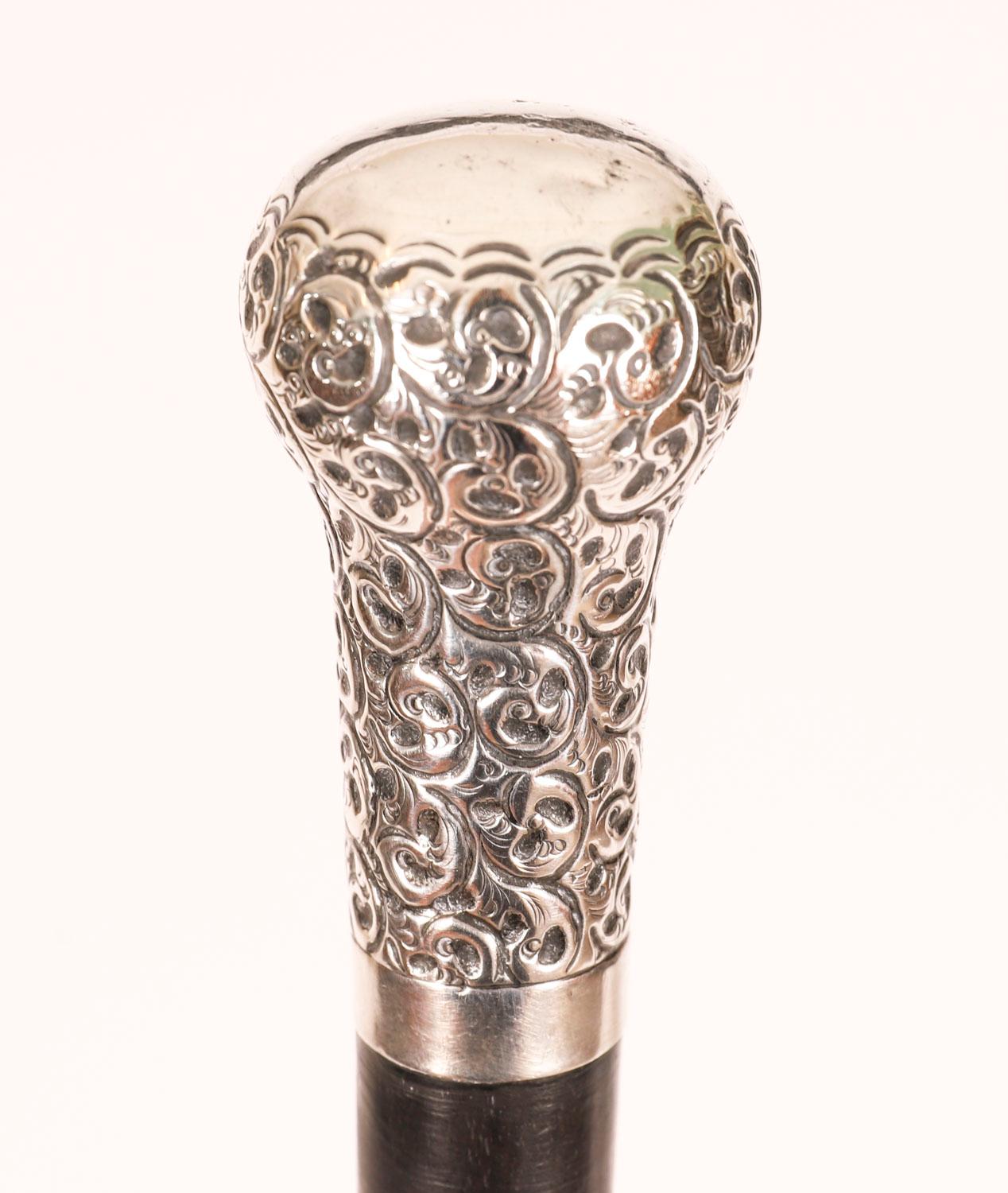 Embossed Antique English Sterling Silver Topped Walking Stick 20th Century For Sale