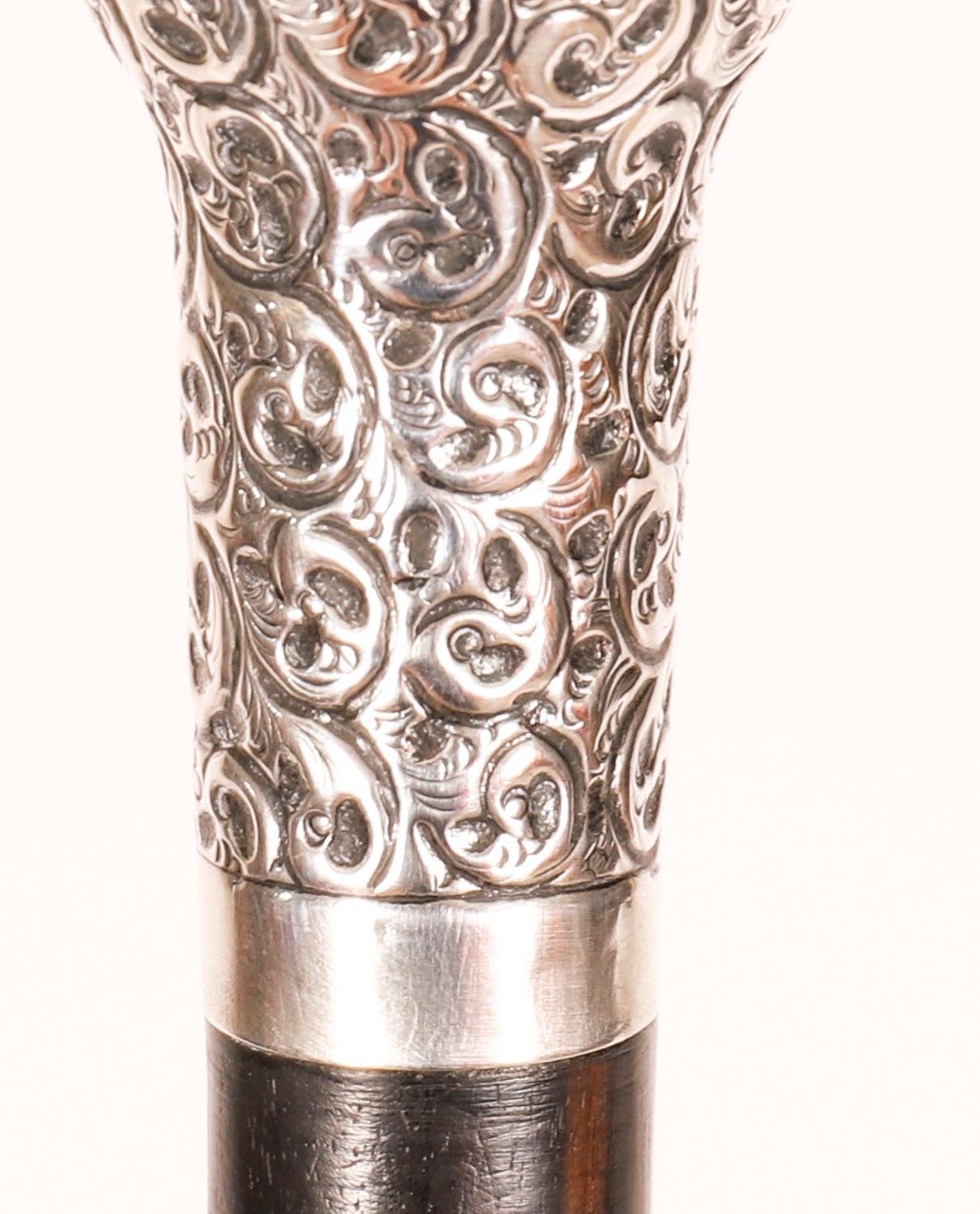 Antique English Sterling Silver Topped Walking Stick 20th Century For Sale 4