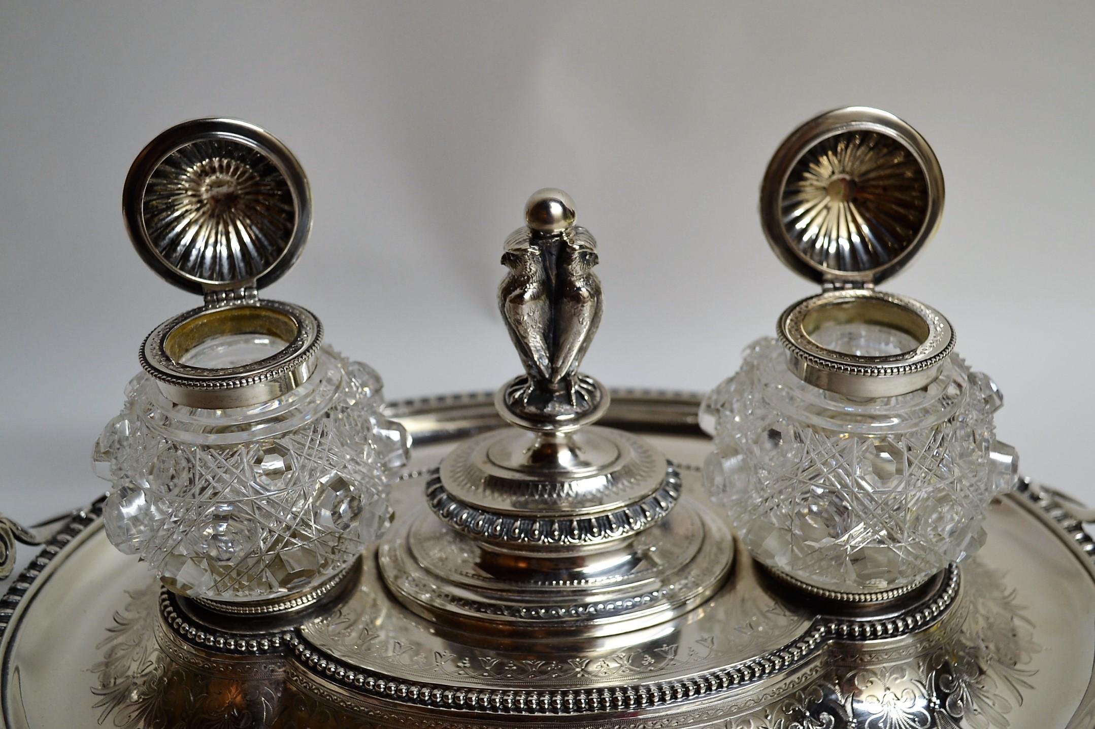 Antique English sterling silver Victorian inkstand.