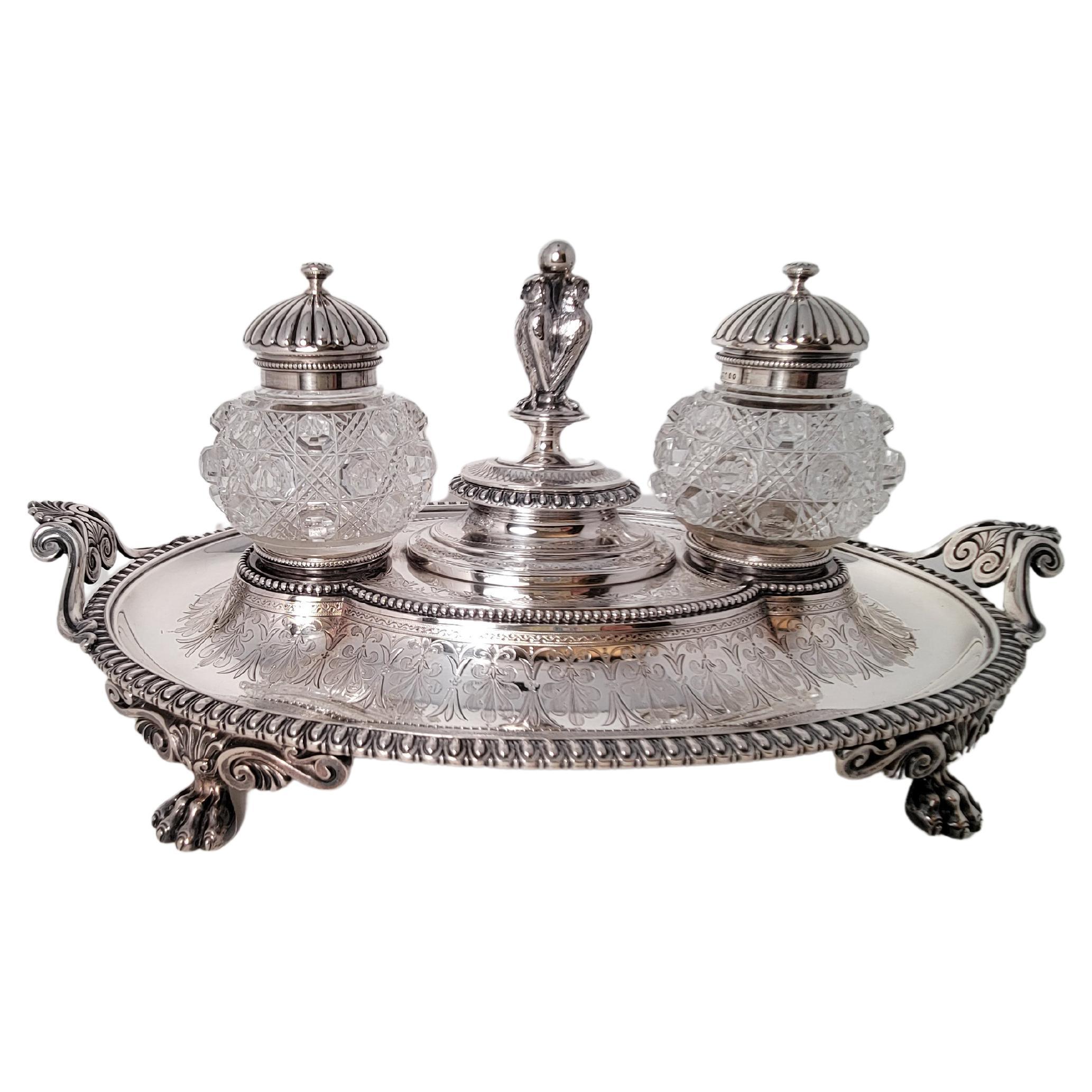 Antique English Sterling Silver Victorian Inkstand For Sale