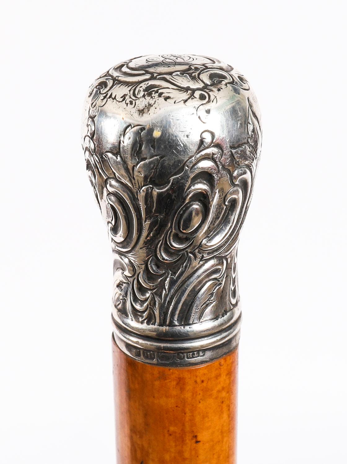 Inglese Antico bastone da passeggio inglese in argento sterling Exeter del XIX secolo in vendita