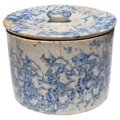 French Blue Stoneware Ceramic Crock in Blue and Cream with Lid Late 1800s