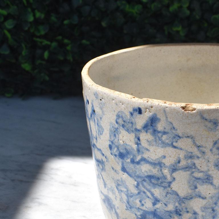 Rustic French Blue Stoneware Ceramic Crock in Blue and Cream with Lid Late 1800s For Sale