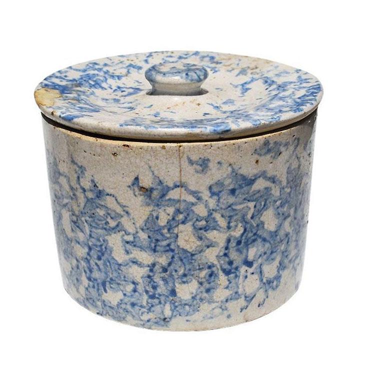 Glazed French Blue Stoneware Ceramic Crock in Blue and Cream with Lid Late 1800s For Sale