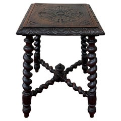 Antique English Stool Footstool Bench Carved Top Barley Twist Legs Oak c. 1920s