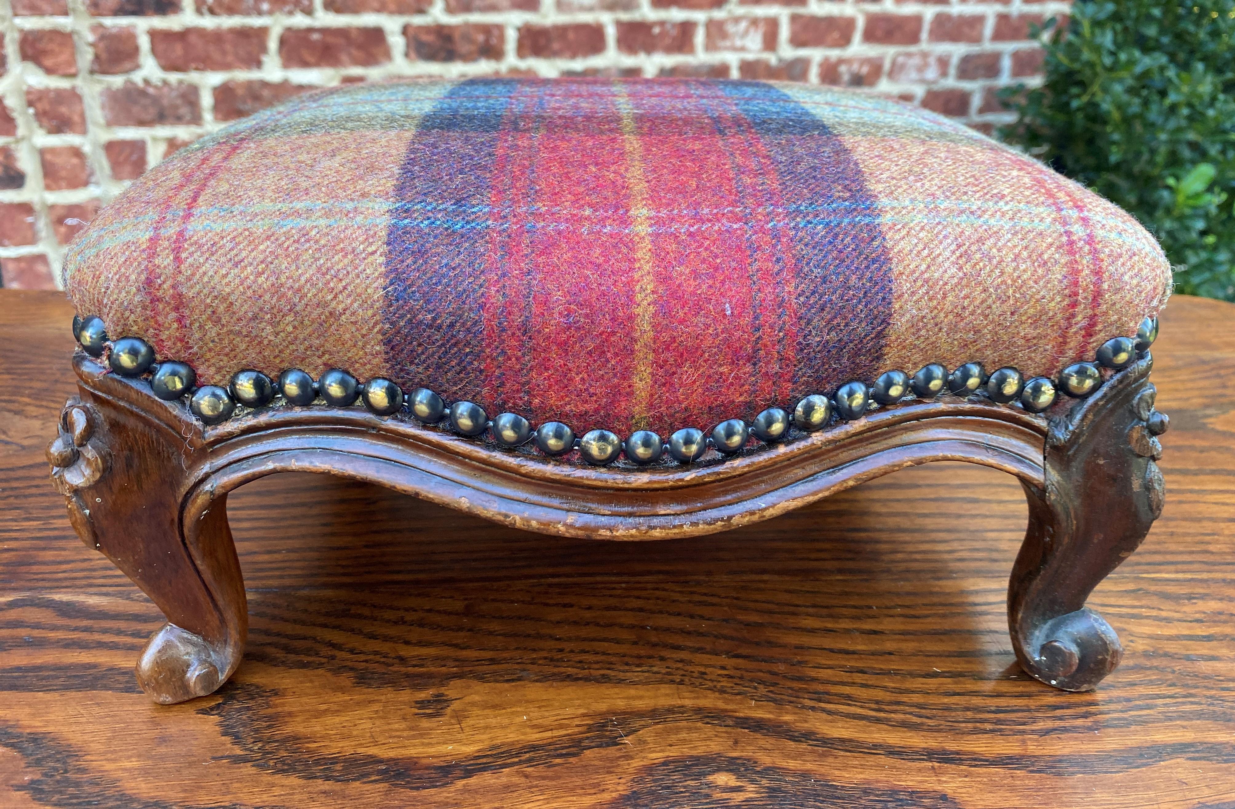 Victorian Antique English Stool Footstool Oak Plaid Wool Upholstered Green Gold Red Blue