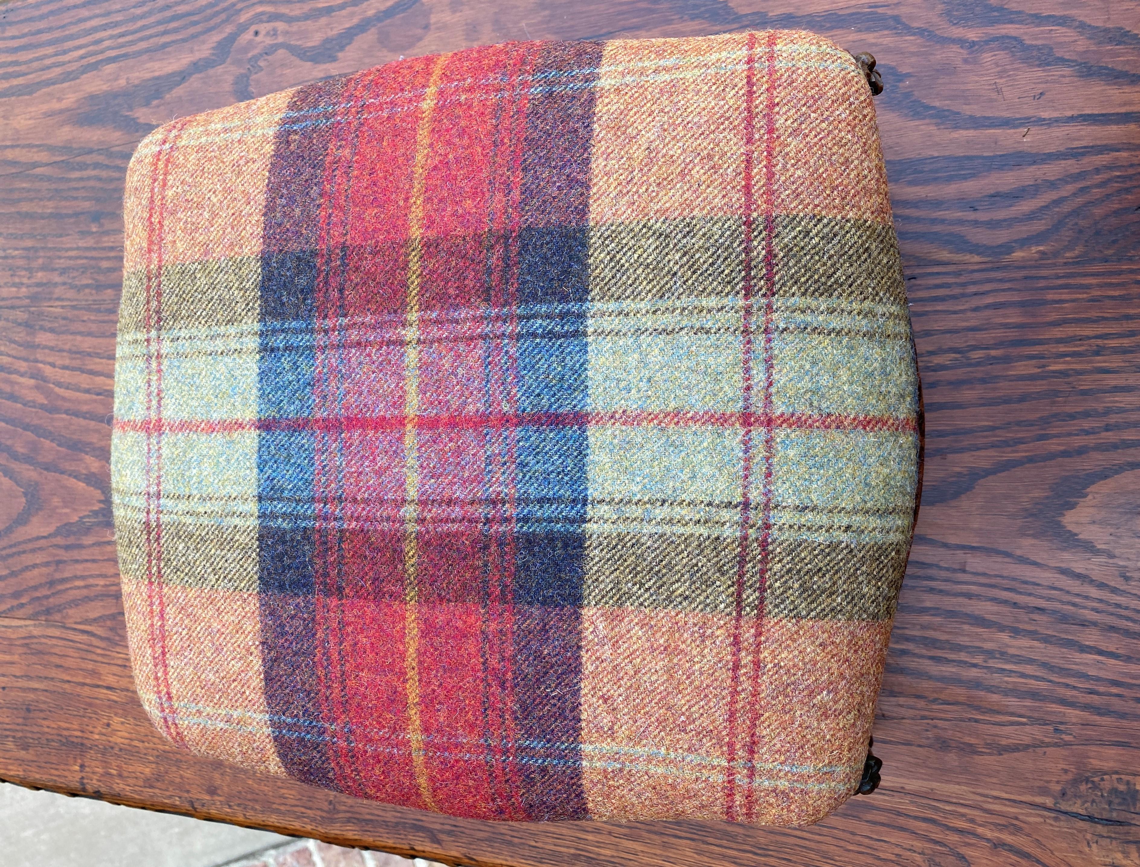 Carved Antique English Stool Footstool Oak Plaid Wool Upholstered Green Gold Red Blue