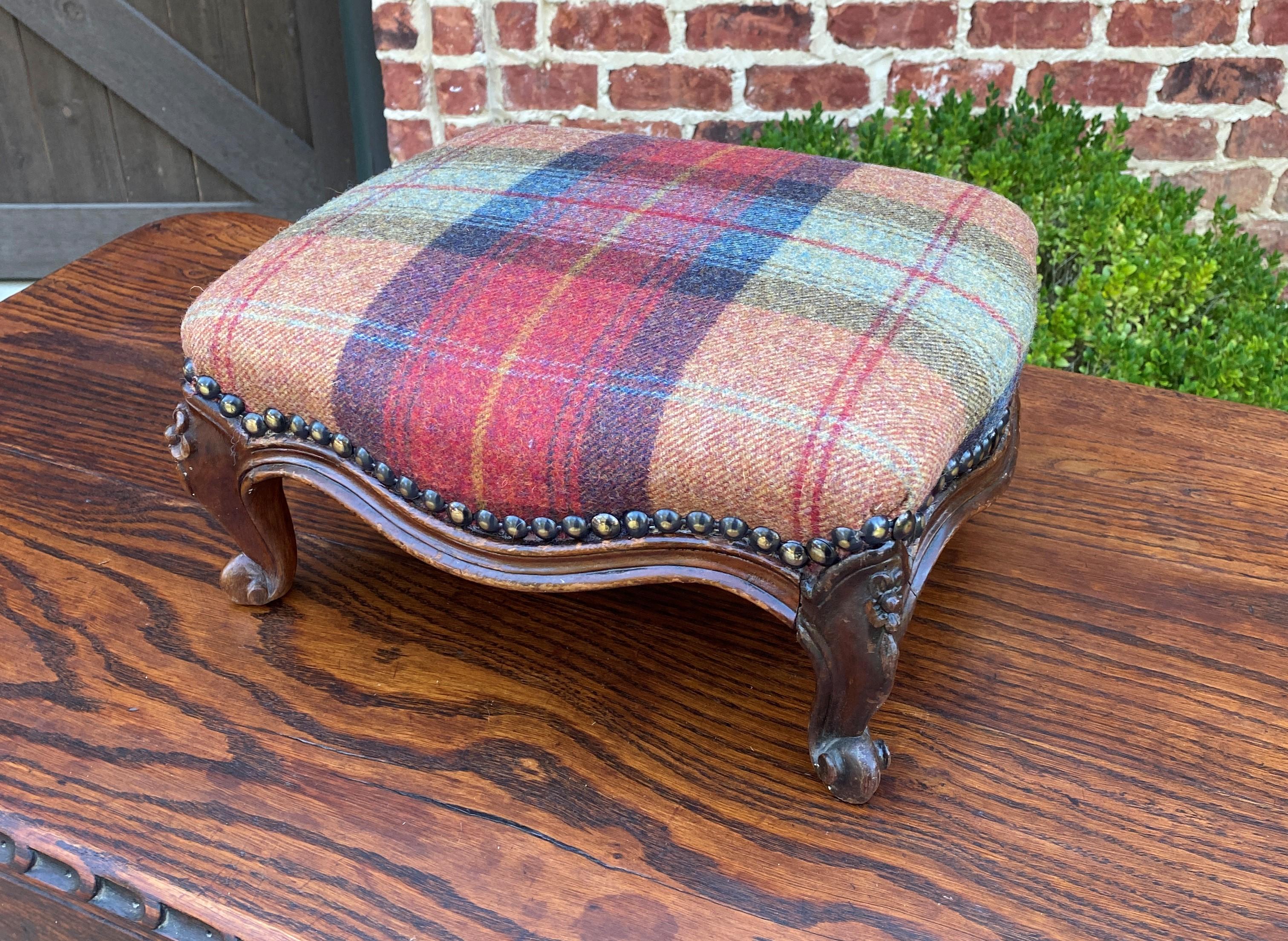 Mid-20th Century Antique English Stool Footstool Oak Plaid Wool Upholstered Green Gold Red Blue