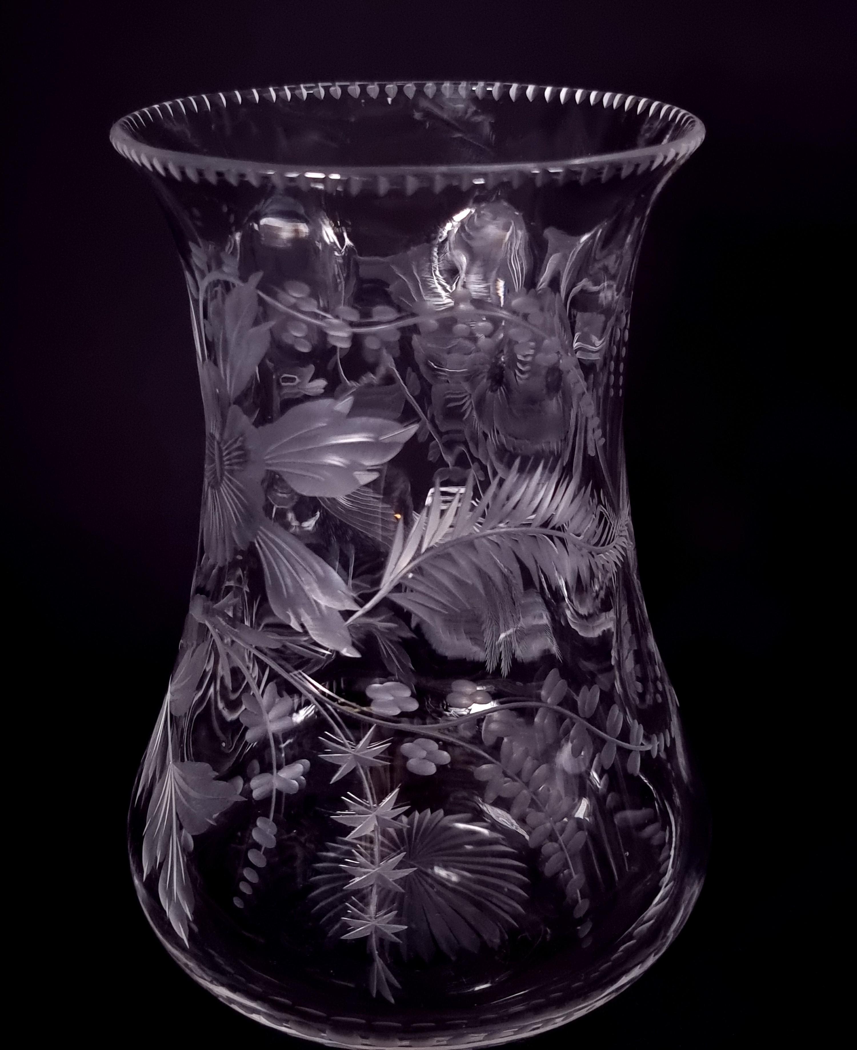 Engraved Antique English Stourbridge hand engraved glass vase circa 1890 For Sale