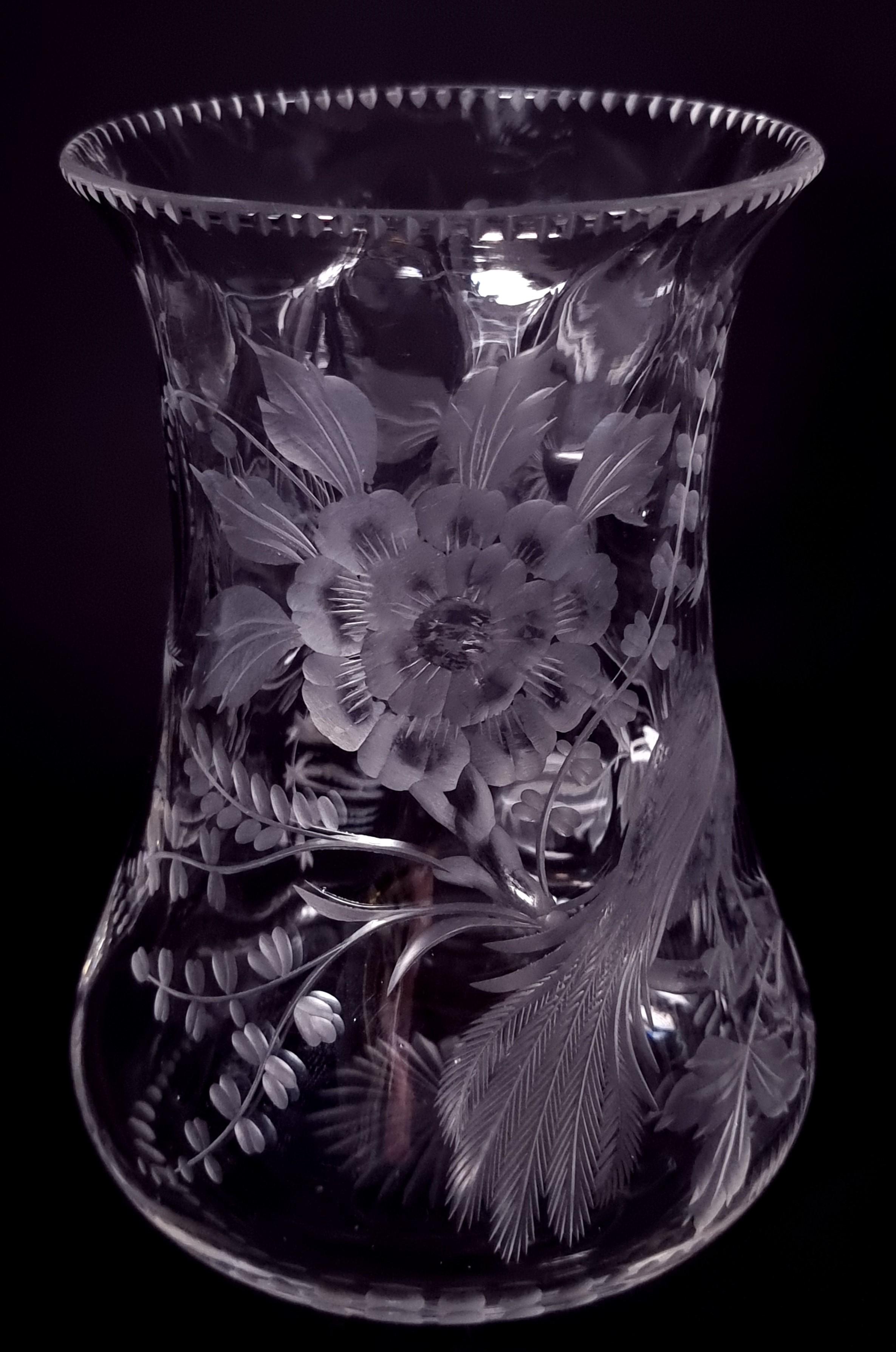 19th Century Antique English Stourbridge hand engraved glass vase circa 1890 For Sale