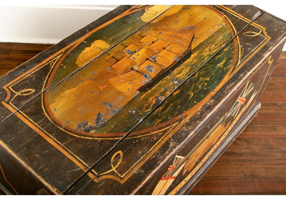 19th Century Antique English Style Nautical Paint Decorated Trunk as Cocktail Table For Sale