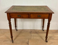 Antique English Style Wooden Writing Table with Leather Top and Drawers, 1930s