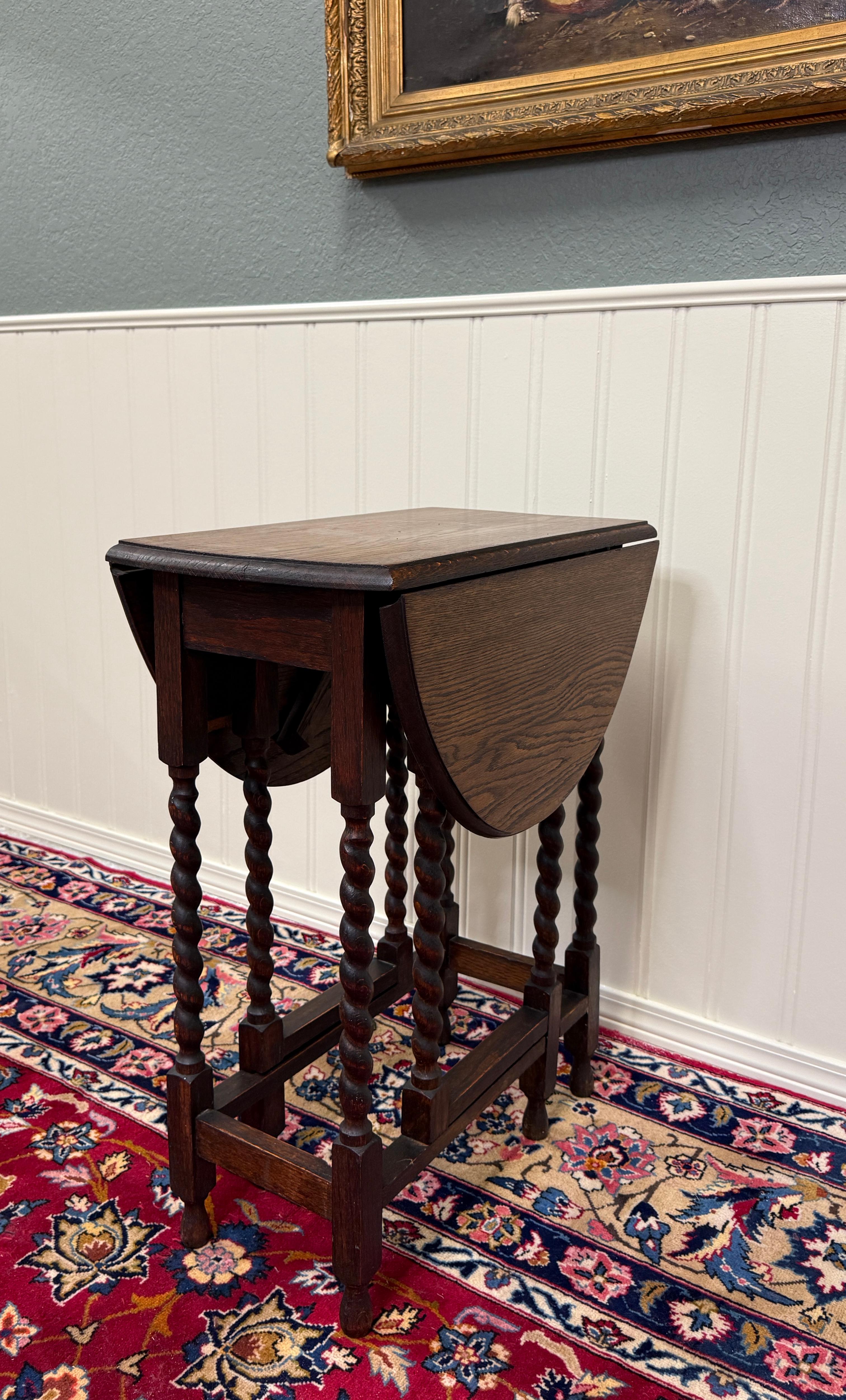 Antique English Table Barley Twist Drop Leaf Gateleg Oak Oval c.1930s 12
