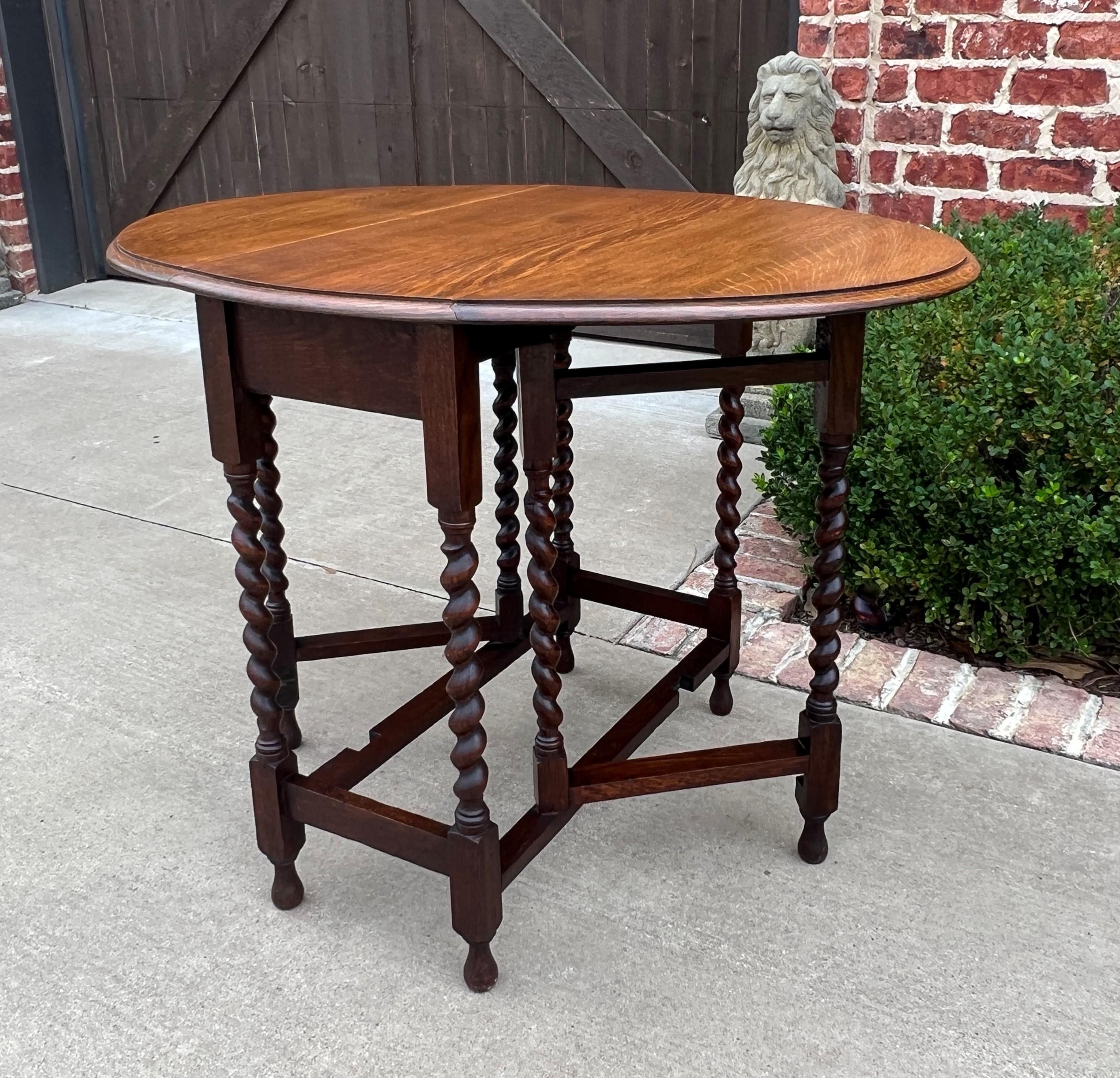 Antique English Table Drop Leaf Gateleg Barley Twist Oak Medium End Table Oval 4