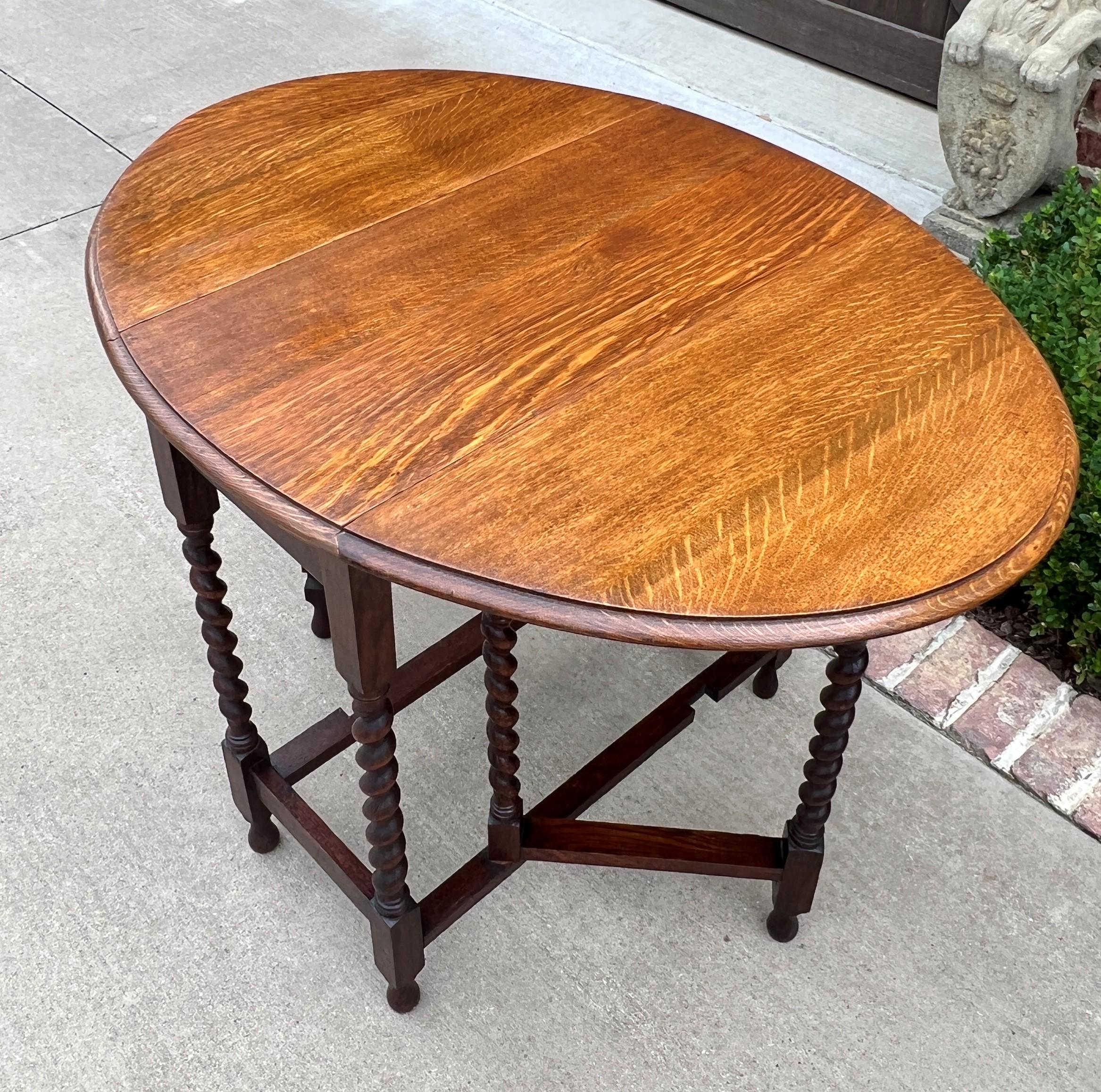 Jacobean Antique English Table Drop Leaf Gateleg Barley Twist Oak Medium End Table Oval
