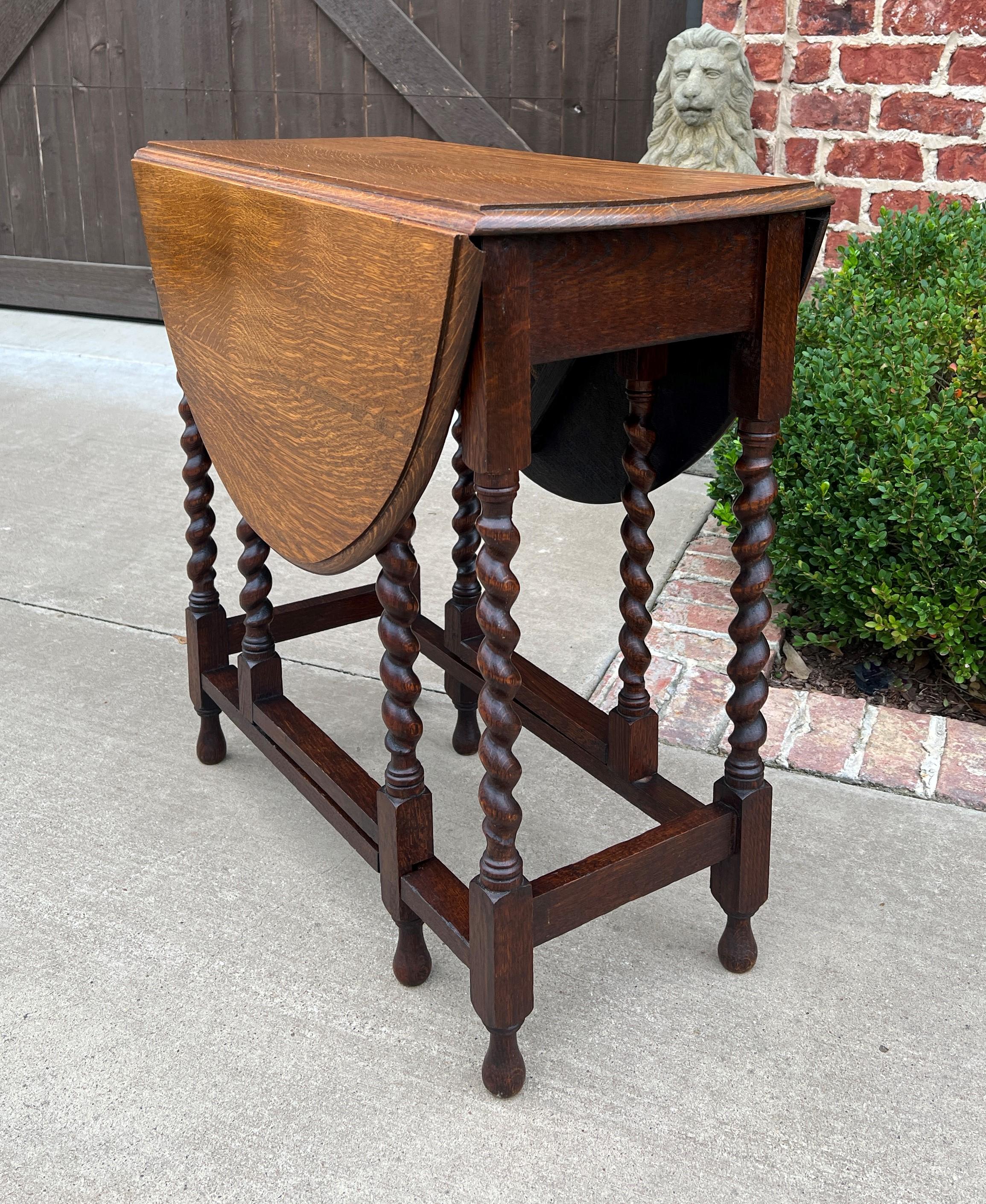 Carved Antique English Table Drop Leaf Gateleg Barley Twist Oak Medium End Table Oval