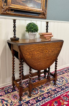 Antique English Table Drop Leaf Gateleg Barley Twist Oak Oval c. 1920-30s
