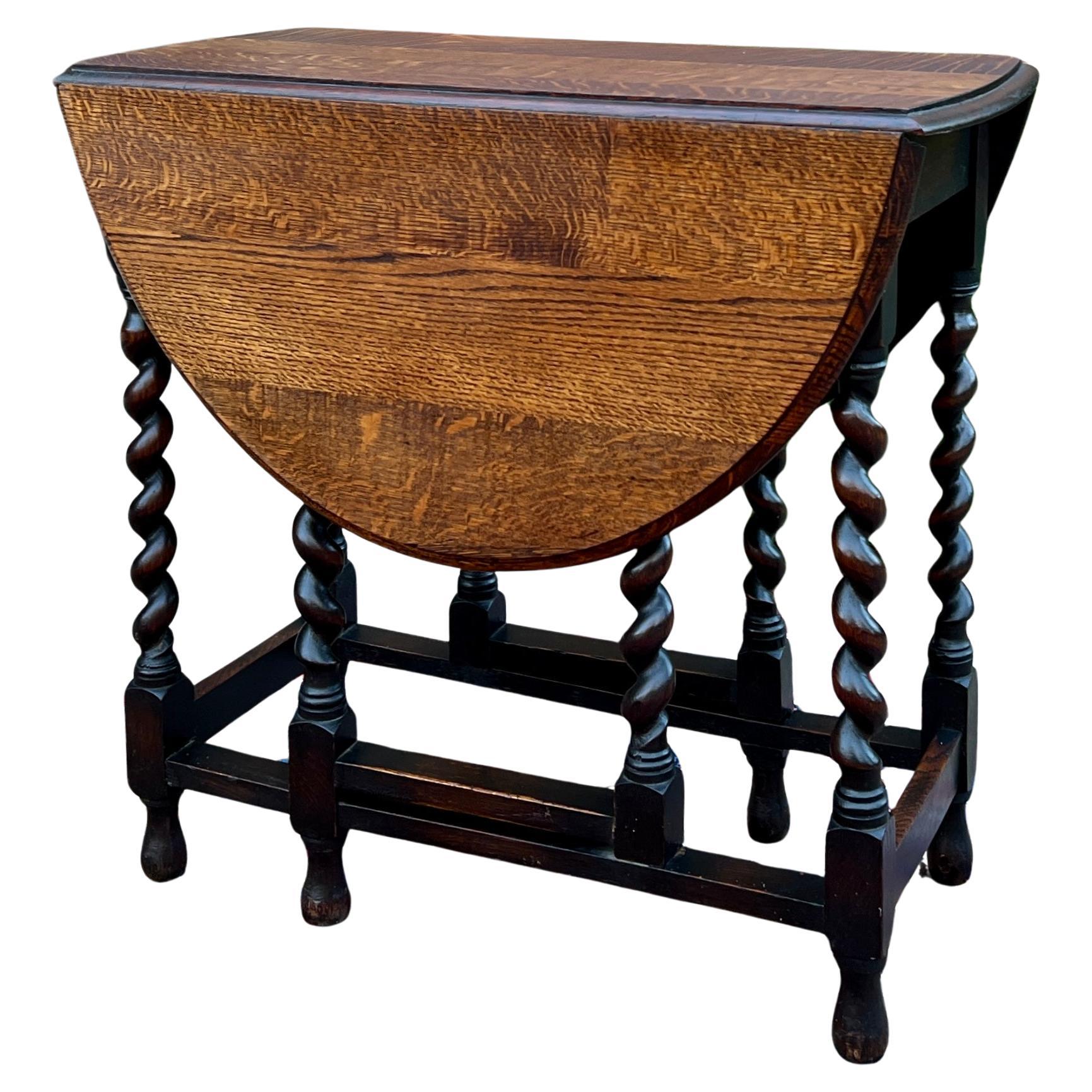 Antique English Table Drop Leaf Gateleg Barley Twist Oak Oval c. 1920-30s