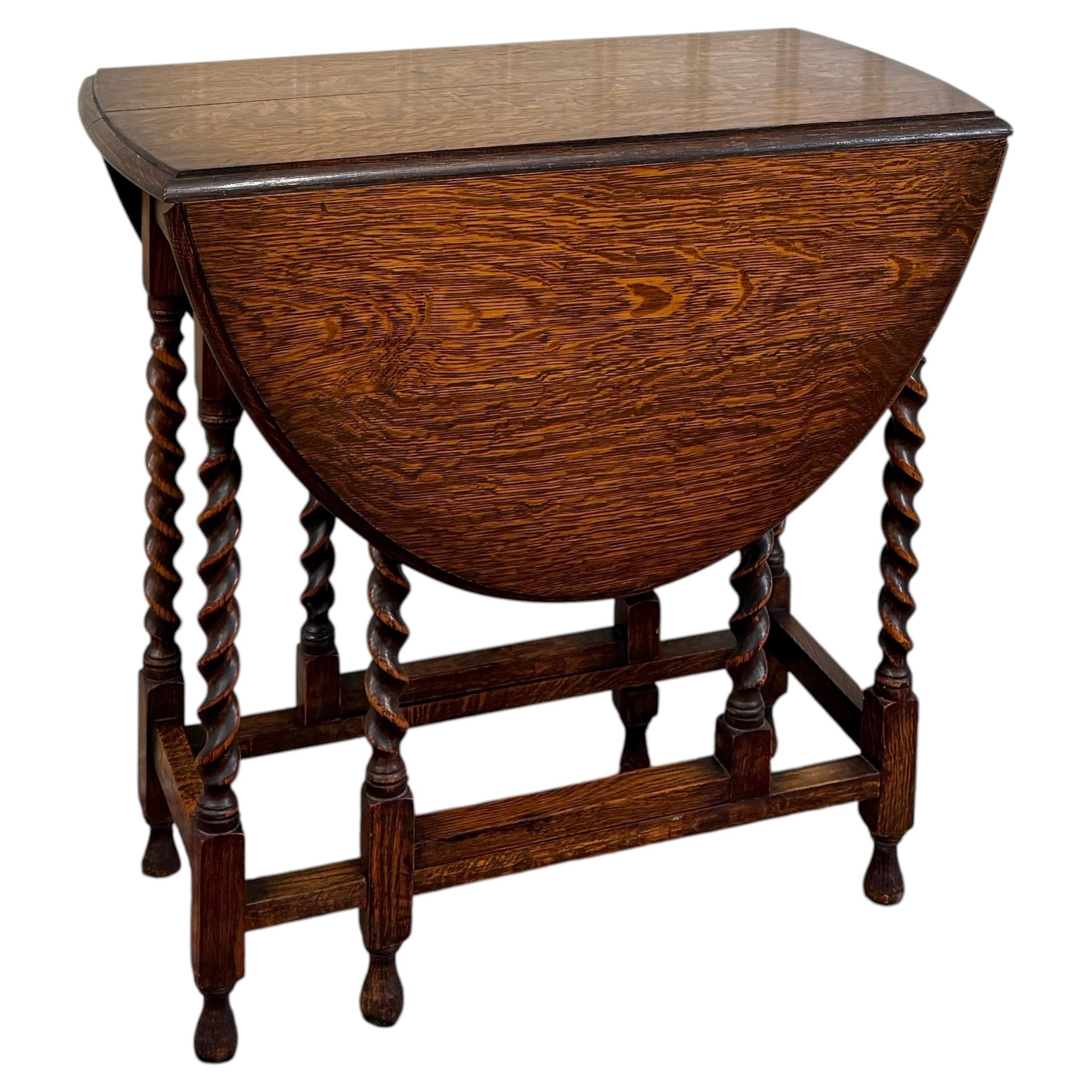 Antique English Table Drop Leaf Gateleg Barley Twist Oak Oval c. 1920-30s