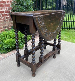 Antique English Table Drop Leaf Gateleg Barley Twist Oval Carved Top Oak, 1920s