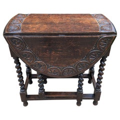 Antique English Table Drop Leaf Gateleg Barley Twist Oval Carved Top Oak, 1920s