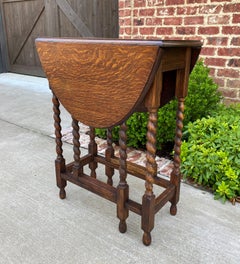 Antique English Table Drop Leaf Gateleg Barley Twist Oval Tiger Oak 1920s