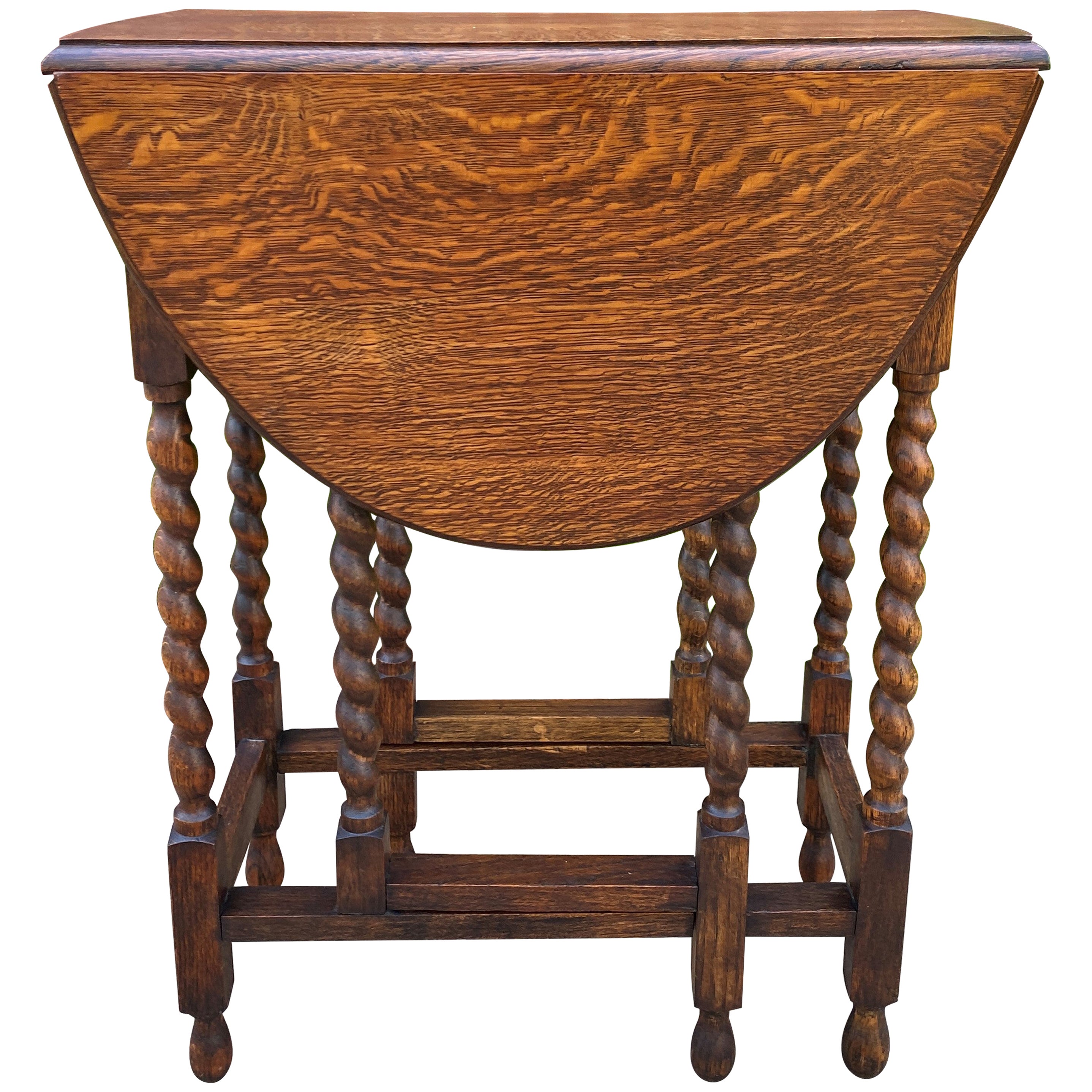 Antique English Table Drop Leaf Gateleg Barley Twist Oval Tiger Oak 1920s