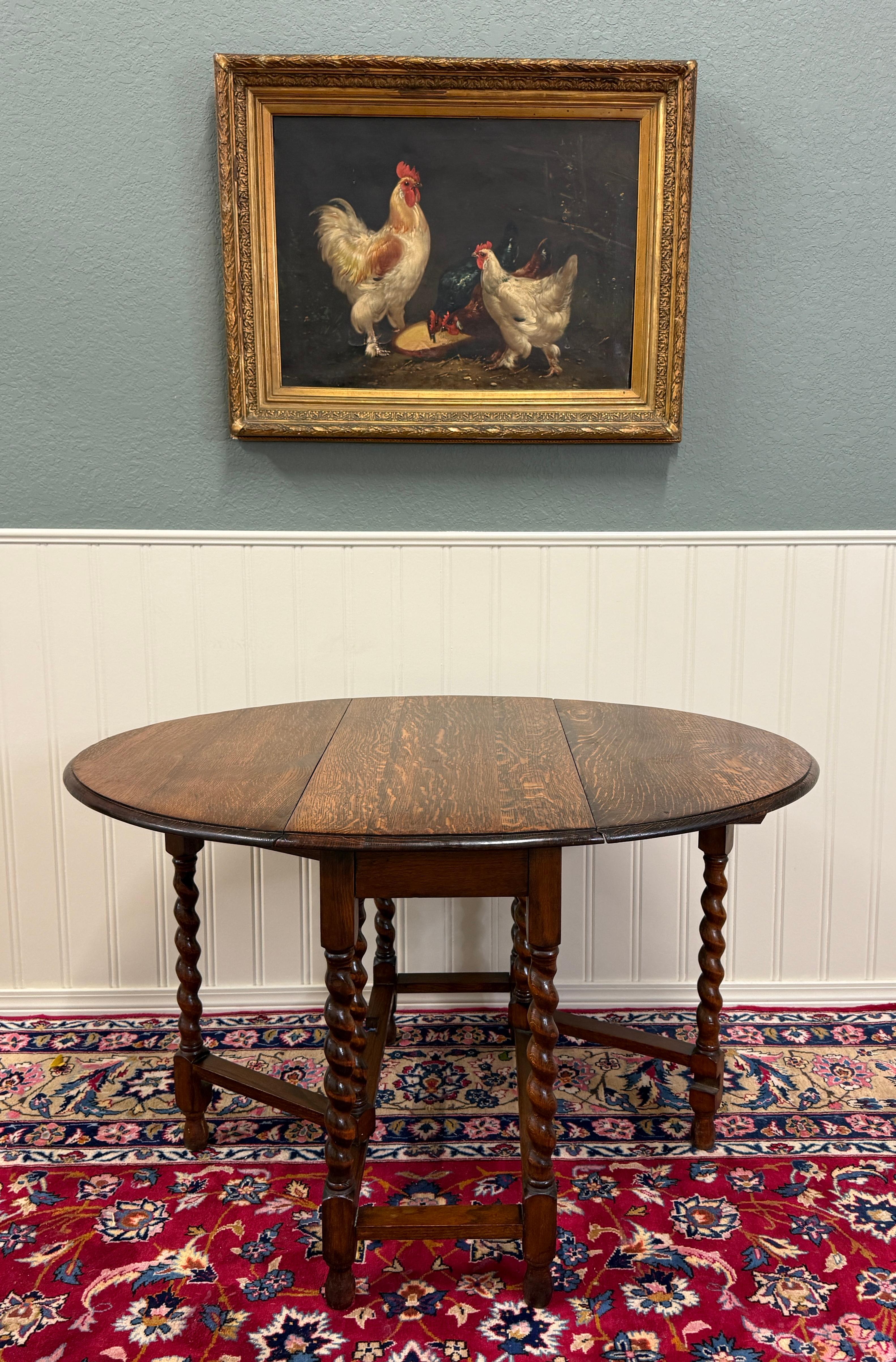 Antique English Table Drop Leaf Gateleg Barley Twist Tiger Oak Oval c. 1920-30s For Sale 12