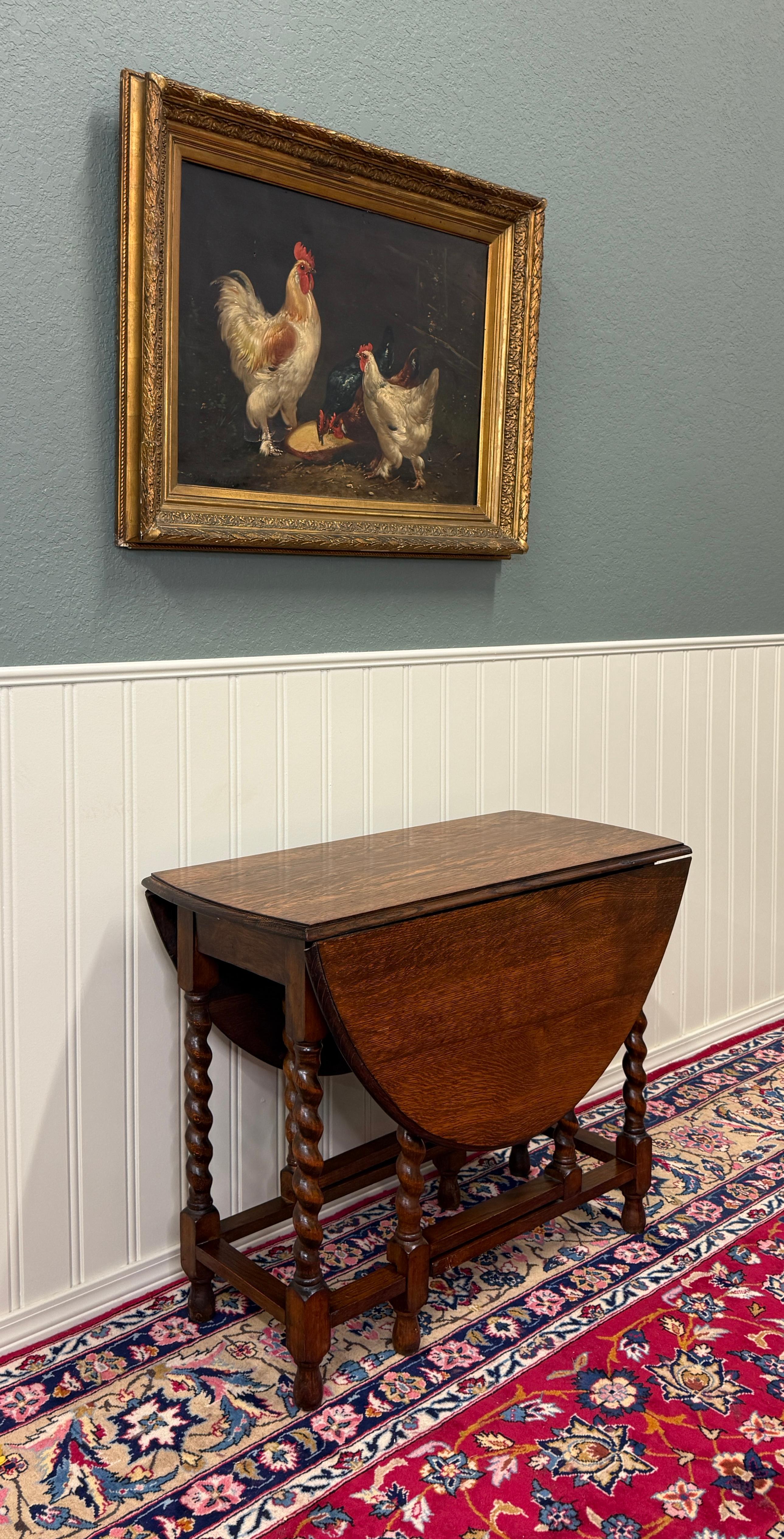 Antique English Table Drop Leaf Gateleg Barley Twist Tiger Oak Oval c. 1920-30s For Sale 1