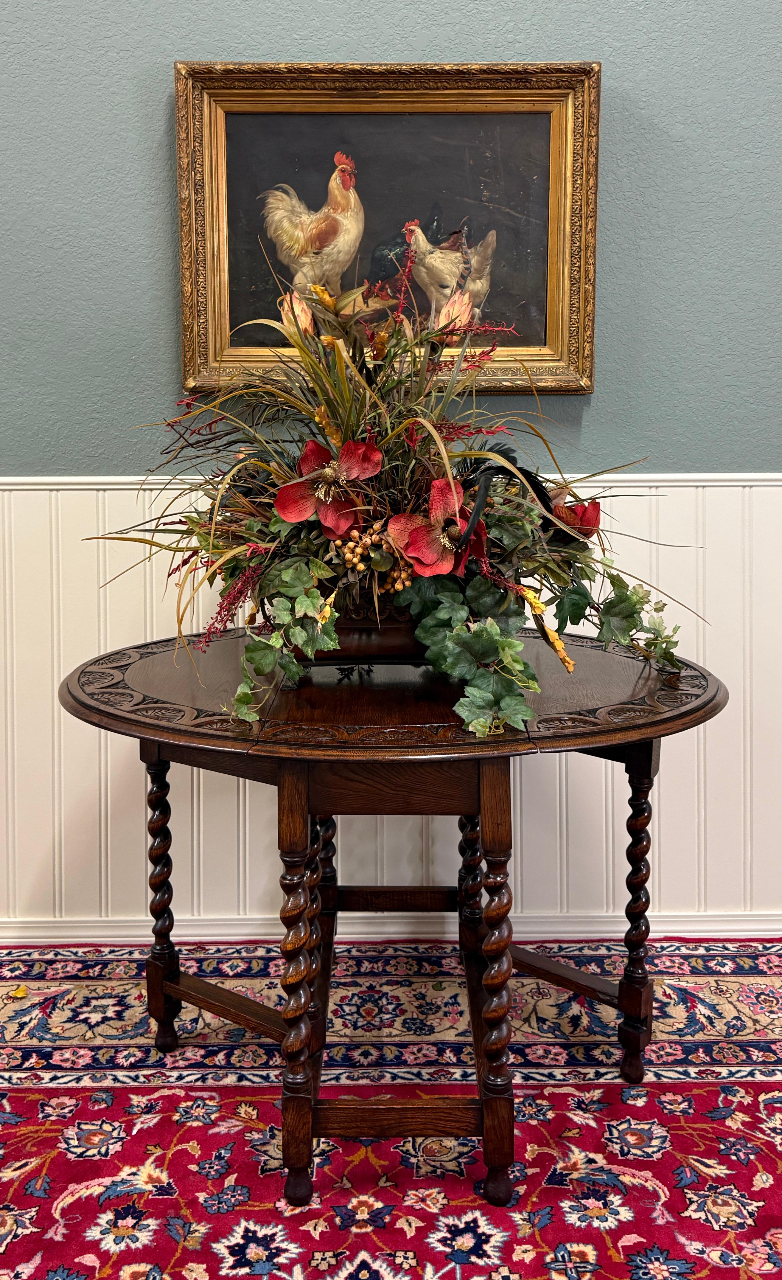 Antique English Table Drop Leaf Gateleg CARVED TOP Barley Twist Oak c. 1920-30s For Sale 6
